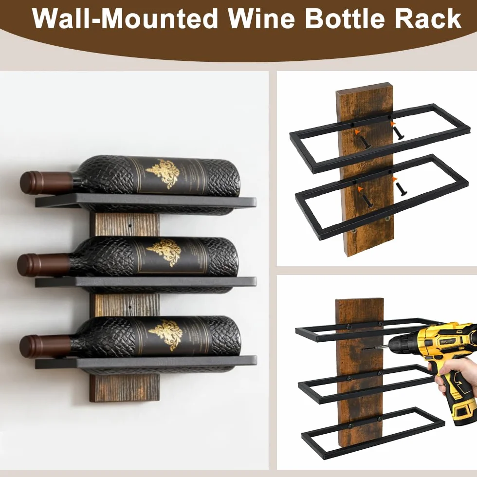Portabottiglie da Parete per 3 Bottiglie di Vino,Mensola per Bottiglie da Muro,Cantinetta da Parete per Angolo Bar per Cucina, Sala da Pranzo e Cantina
