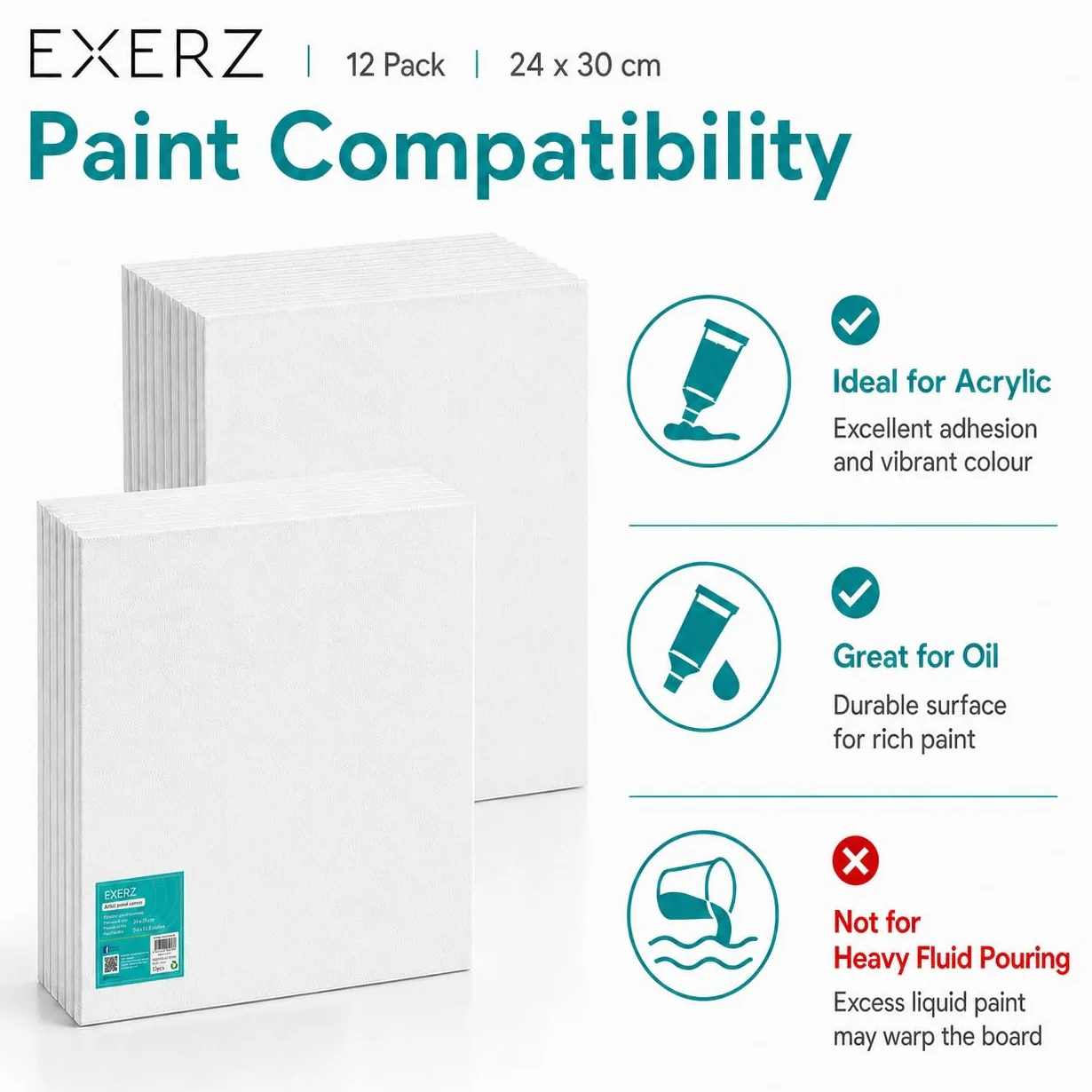 Exerz Pannelli in Tela 24x30 cm 12pz, Spessore 3 mm, 100% Cotone, 280g/m², Tripla Preparazione, Senza Acidi, Grana Media, per Pittura a Olio e Acrilico