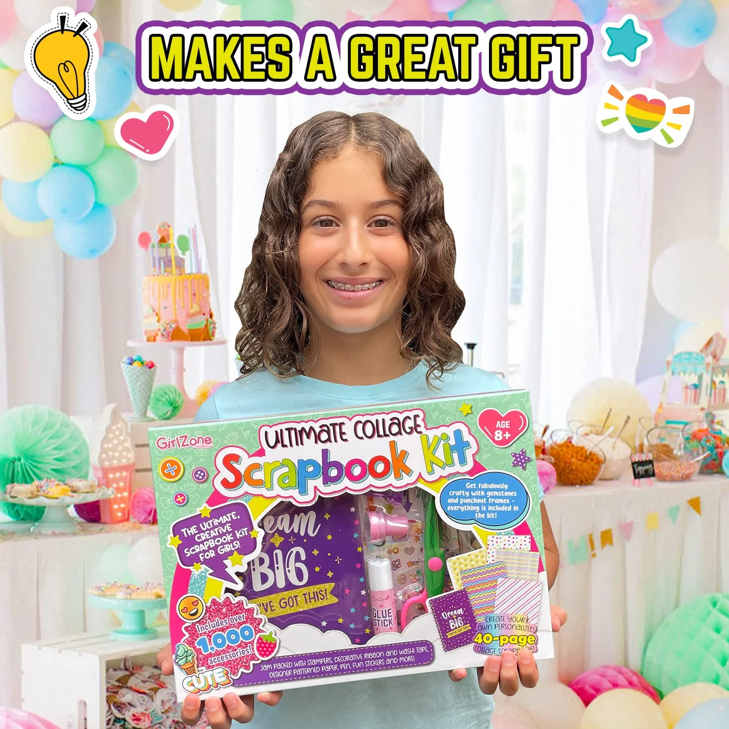 GirlZone Kit per Scrapbook Definitivo, Include Adesivi, Stickers e Altri Accessori, Album Scrapbooking Fotografico da 40 Pagine Fai da Te, Fantastica Idea Regalo Compleanno Bambini