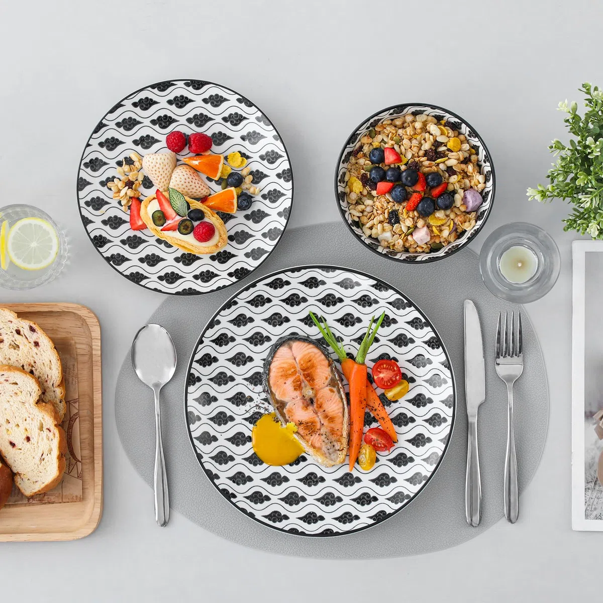 vancasso Haruka, Servizio Piatti Colorati 8 Persone Set 32 Pezzi Stile Giapponese Nero in Porcellana con Piatti frutta, Tazza da Tè, Piatti Piano Scodella Colazione