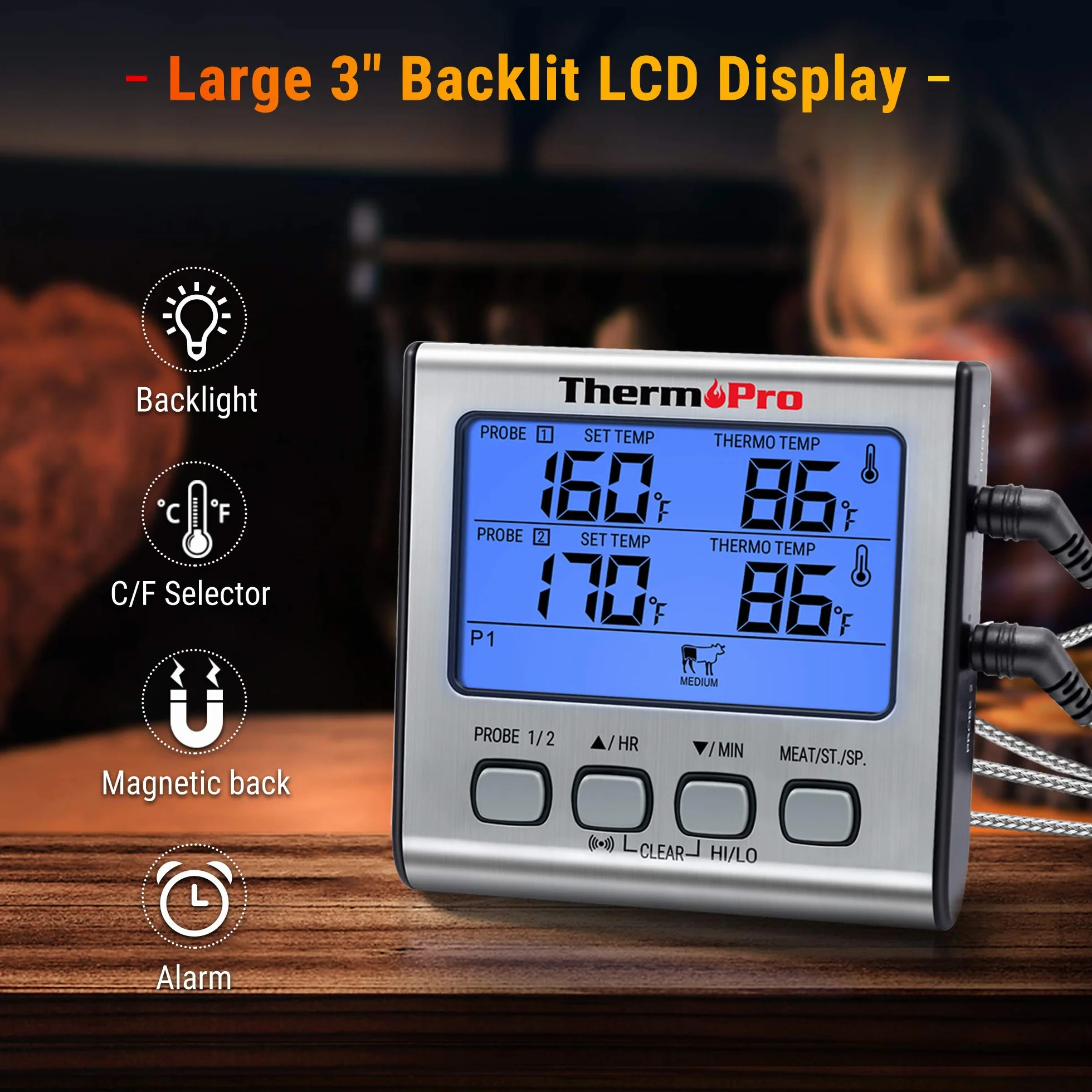 ThermoPro TP17 Termometro Cucina Digitale a Doppia Sonda con Timer LCD per BBQ Carne Forno Griglia