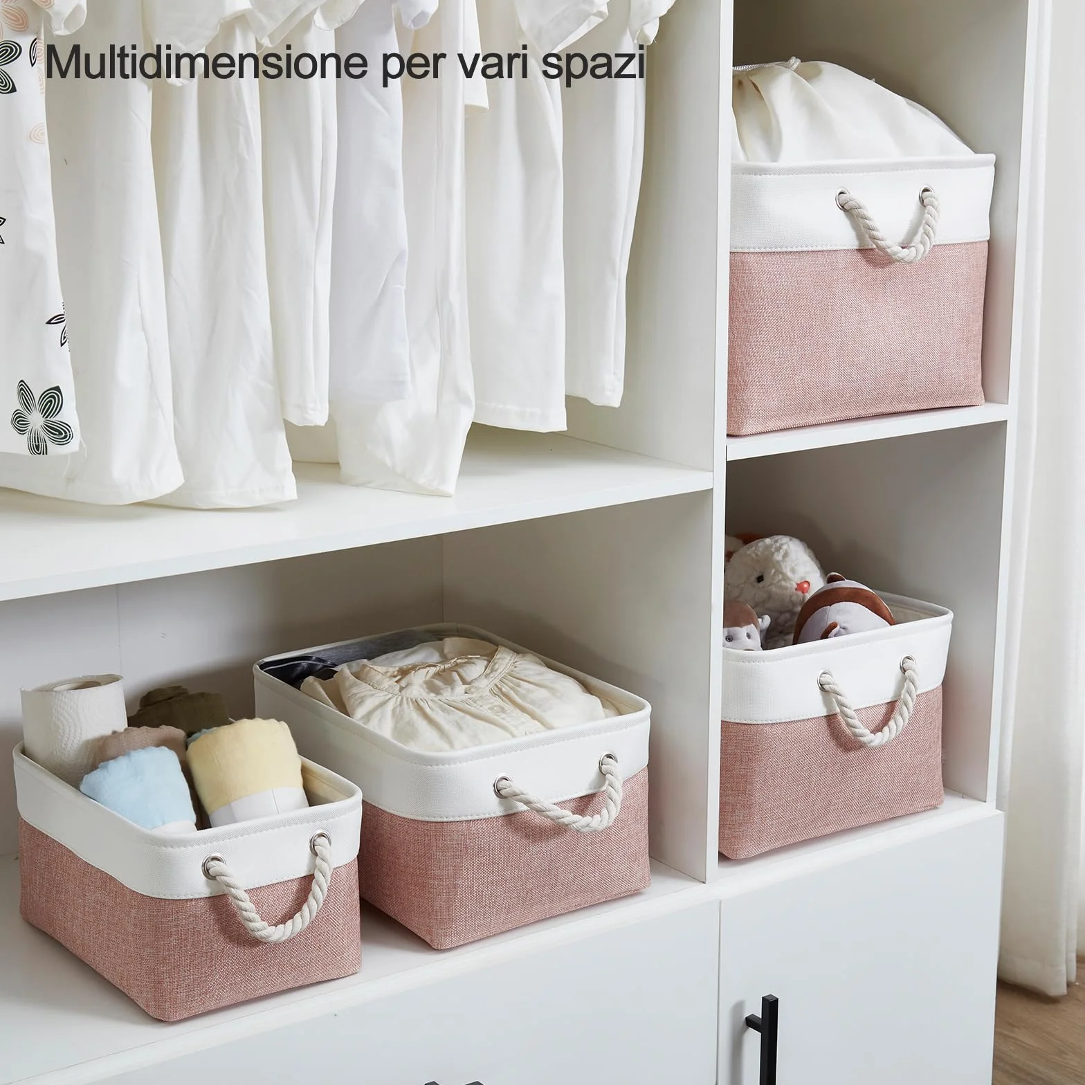 Mangata Scatole portaoggetti in tessuto morbido 36x26x18 cm rosa e bianco confezione da 3