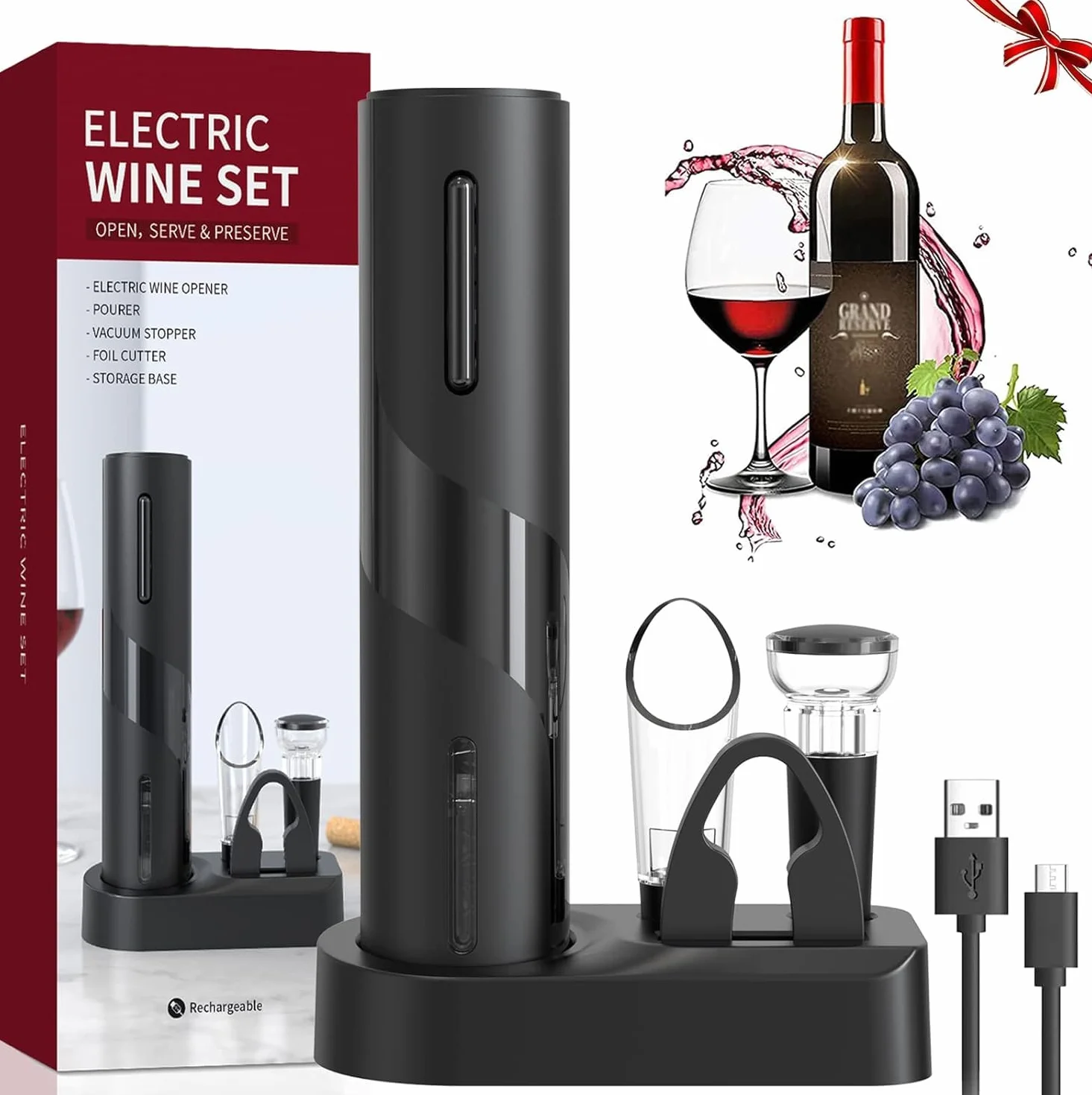 Cavatappi Elettrico 6 In 1 Set con Base, Taglierina, Versatore, Tappo Silicone Vuoto, Ricarica USB