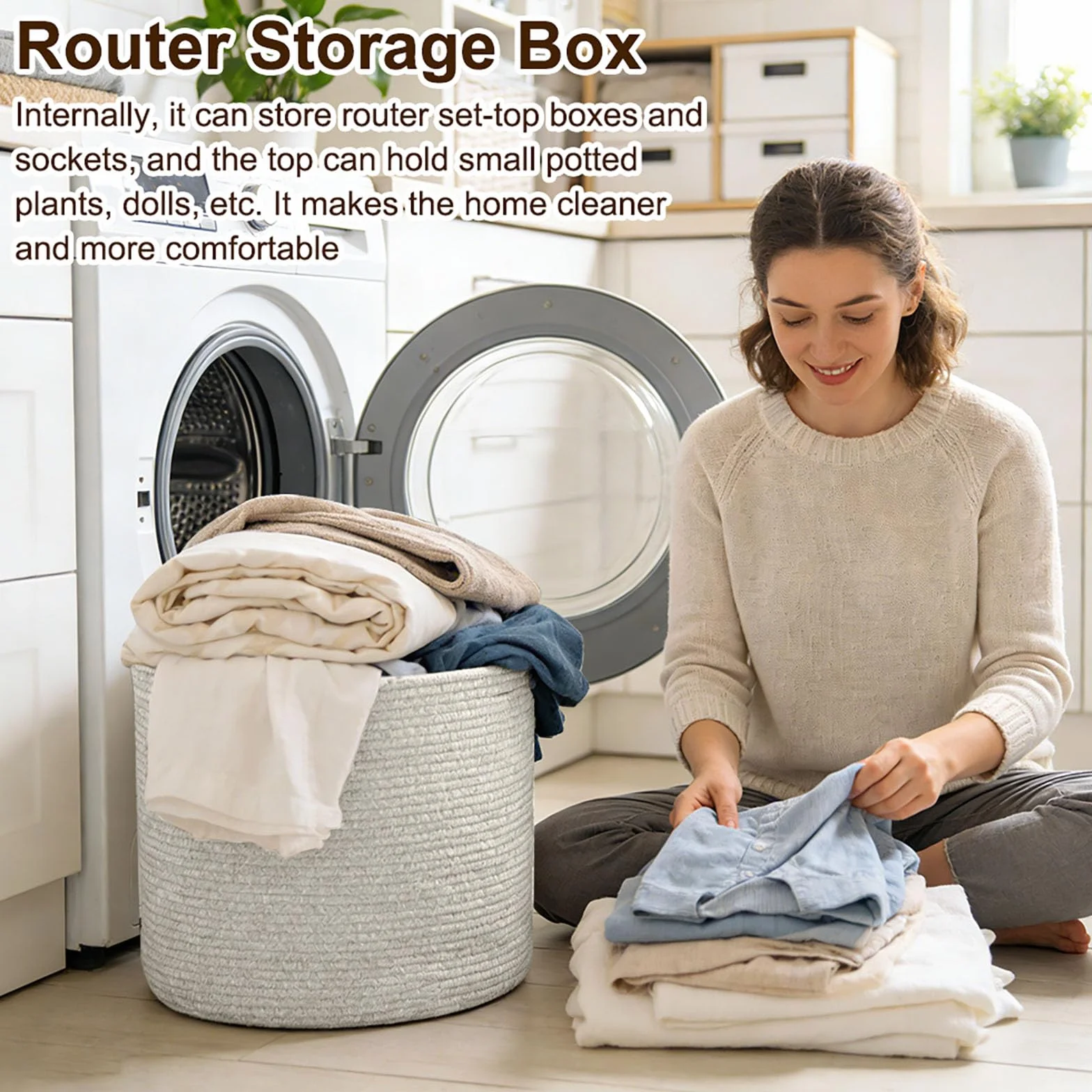 Cesto Portabiancheria in Corda di Cotone 40x35 cm con Manici, Organizzatore per Giocattoli, Abiti, Coperte (Beige)