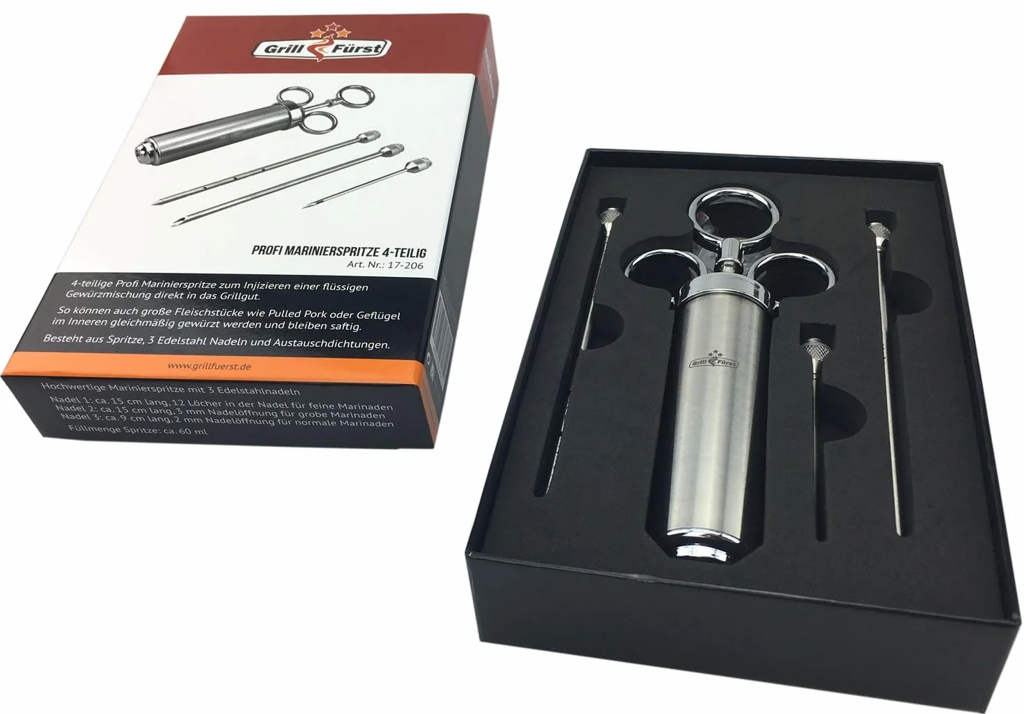 Grillfürst siringa per marinate in Acciaio Inox 60 ml Set 3 Aghi per arrosti BBQ