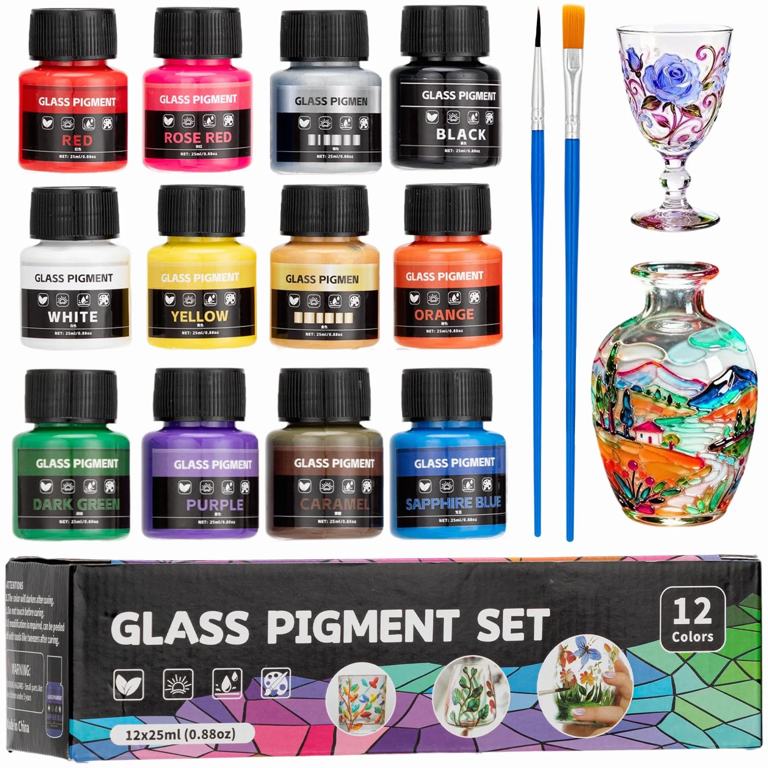 Vernice per vetro colorato 300 ml, kit 12 colori con 2 penne, atossica impermeabile