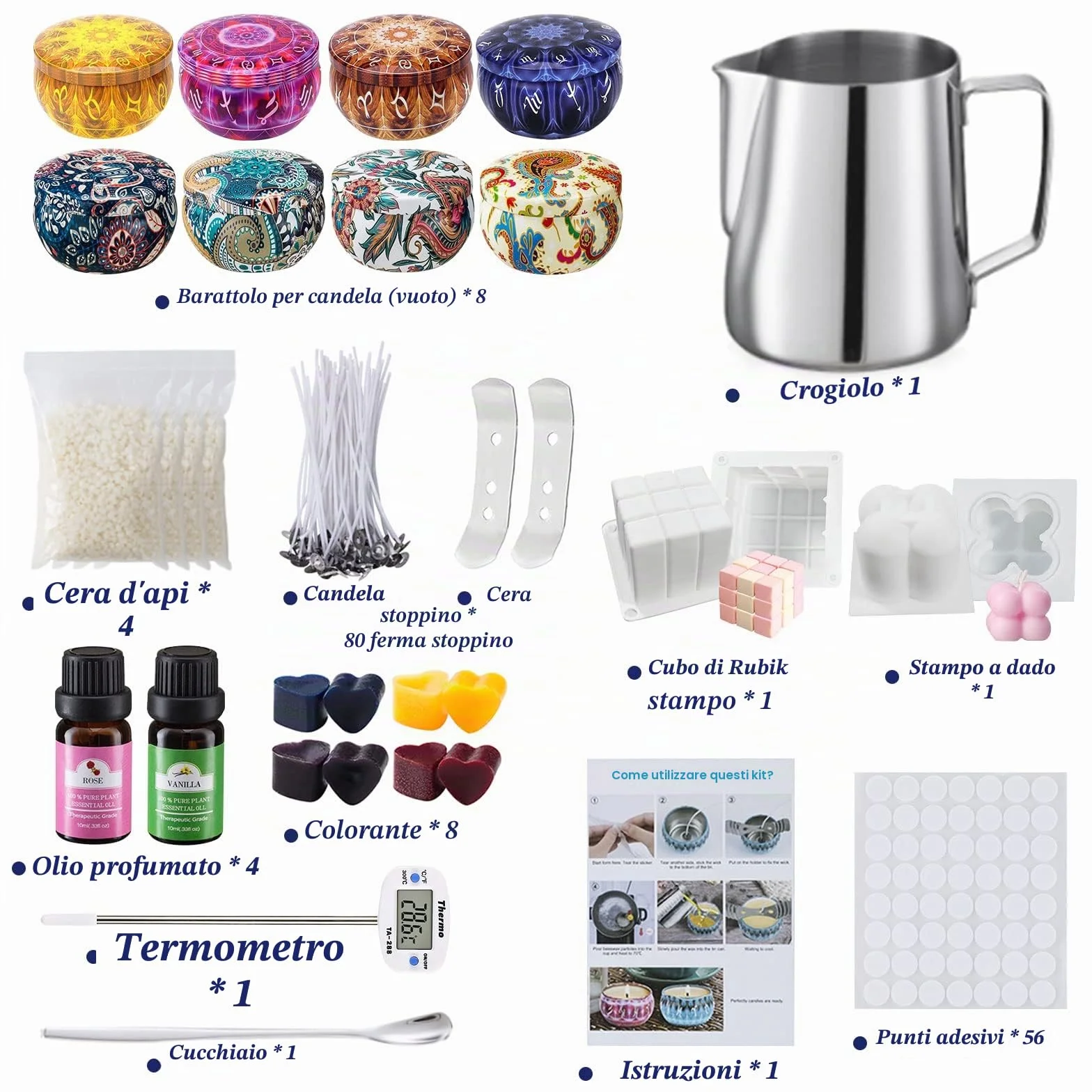 Zestaw do produkcji świec z wosku sojowego DIY, 4 pakiety wosku, 8 foremek, 80 knotów, 1 łyżka