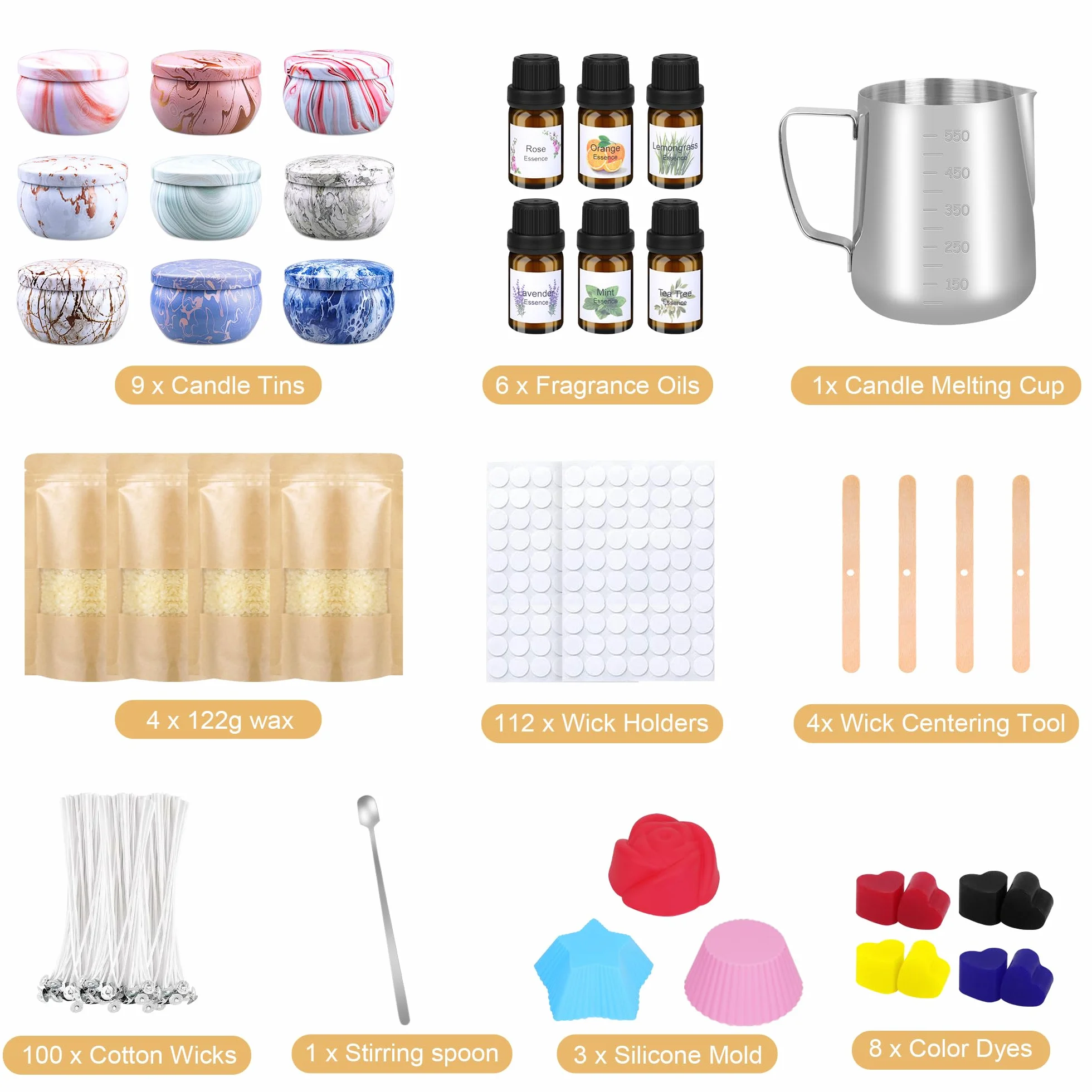 Set di Candele Fai da Te, Kit per Adulti, Cera di Soia 480g, 9 Barattoli, 6 Oli Profumati, 8 Blocchi di Colore, Regalo per Principianti