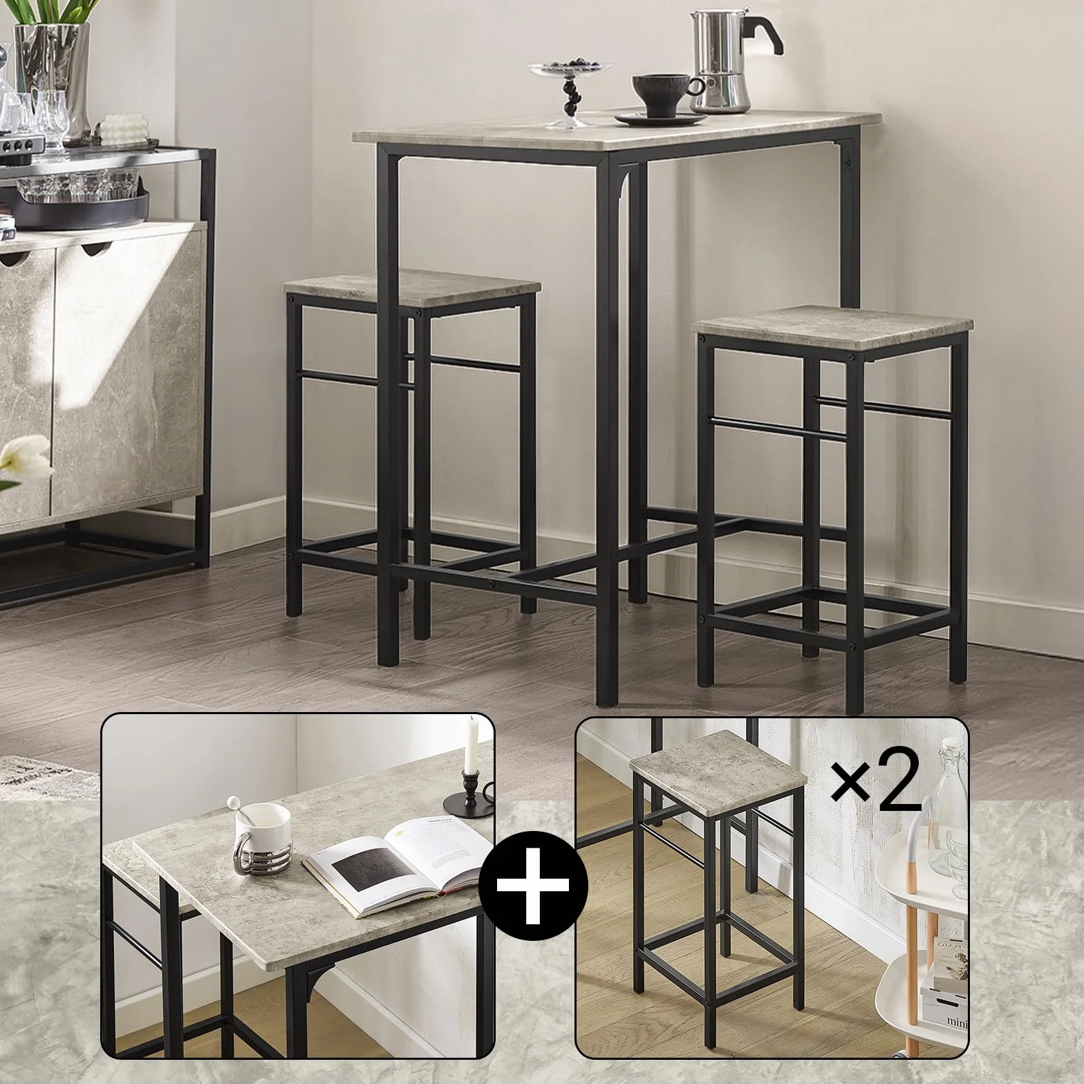 SoBuy Set Tavolo da Bar Alto con 2 Sgabelli - Tavolo Salvaspazio per Cucina Piccola e Balcone, Stile Industriale Moderno - Tavolino Alto da Esterno per Giardino o Terrazzo OGT10-HG