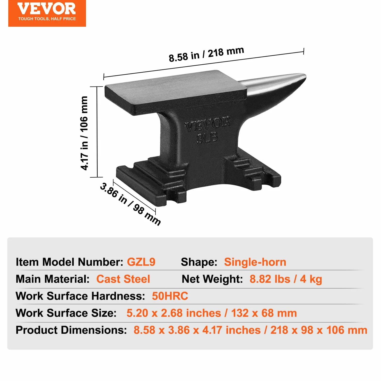 VEVOR Incudine da Fabbro 4 kg Acciaio Fuso a Corno Singolo 132x68 mm 50HRC