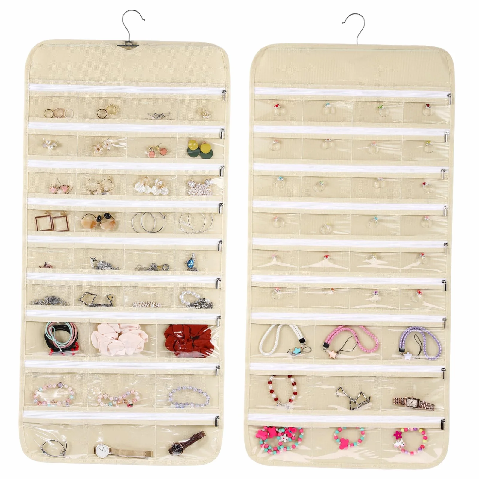 Organizer per gioielli con 66 tasche, doppio lato, per orecchini, collane, bracciali, anelli
