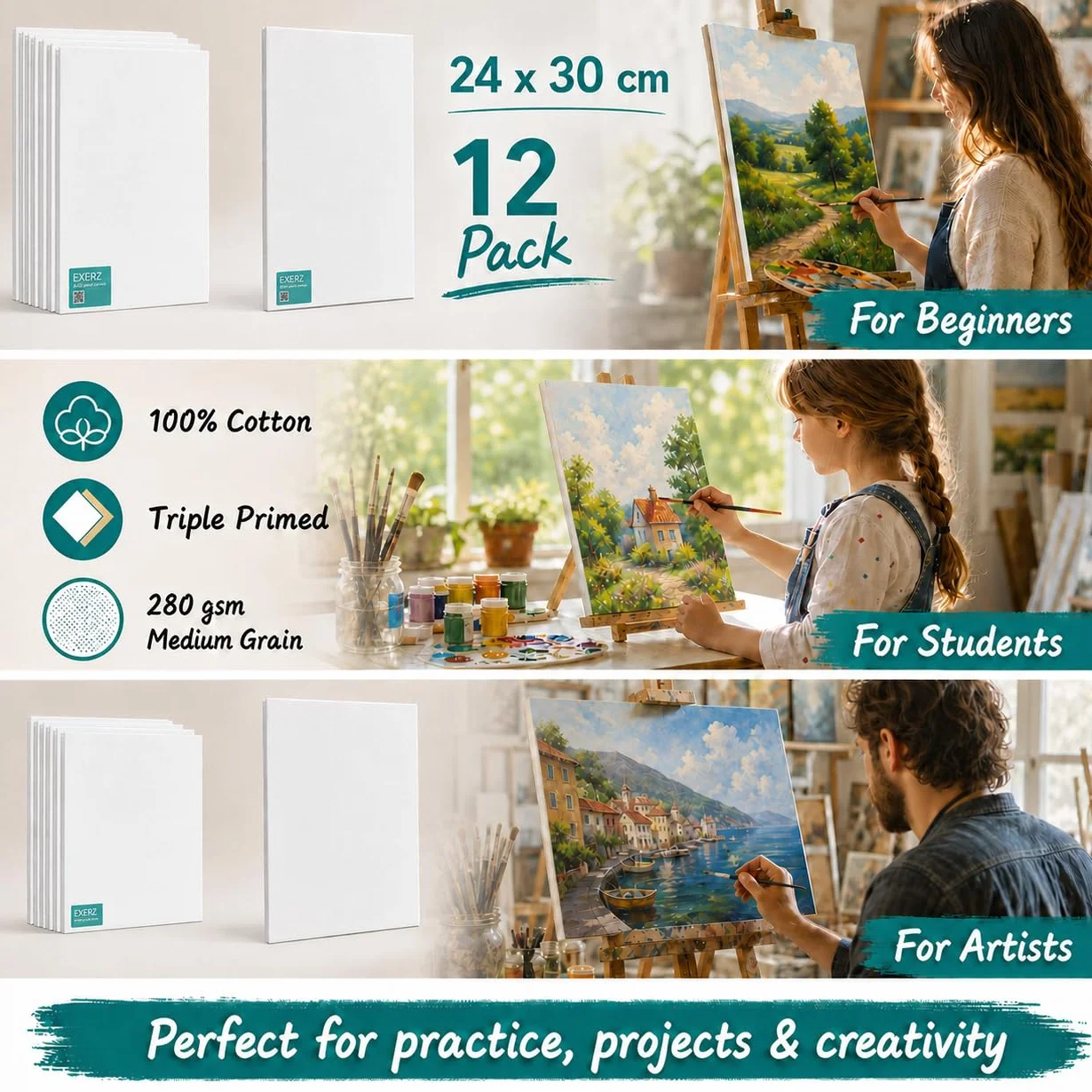 Exerz Pannelli in Tela 24x30 cm 12pz, Spessore 3 mm, 100% Cotone, 280g/m², Tripla Preparazione, Senza Acidi, Grana Media, per Pittura a Olio e Acrilico