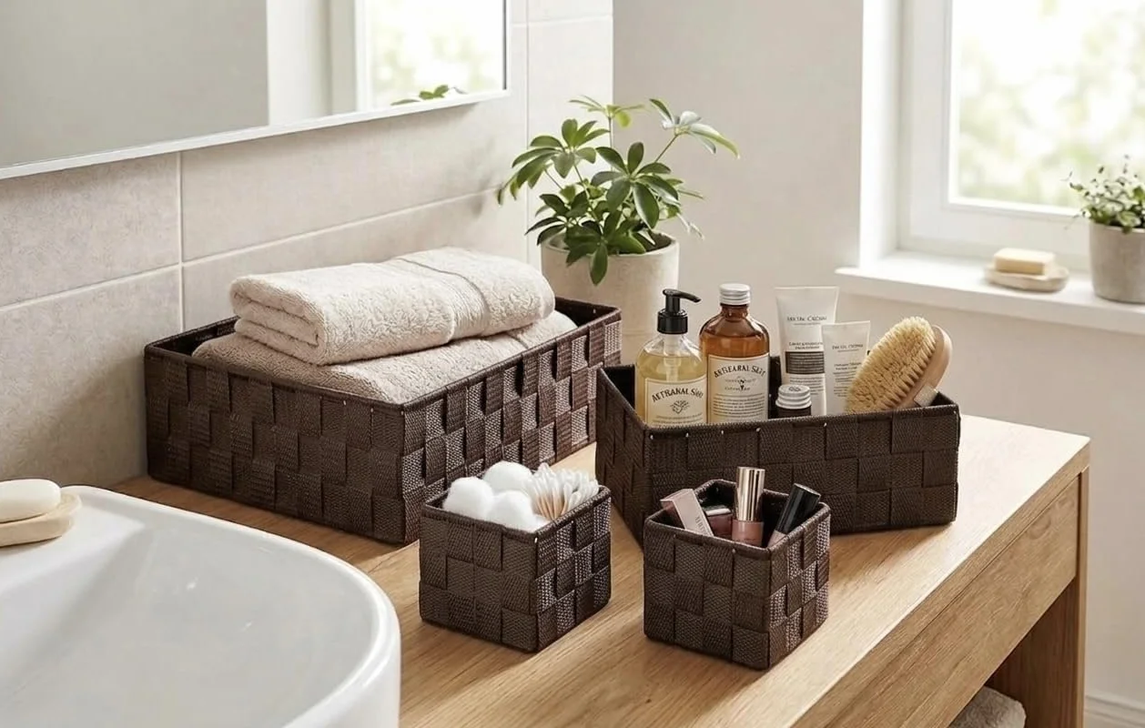OCEANO Set 4 Cestini Portaoggetti Intrecciati Organizer Bagno Salvaspazio Marrone