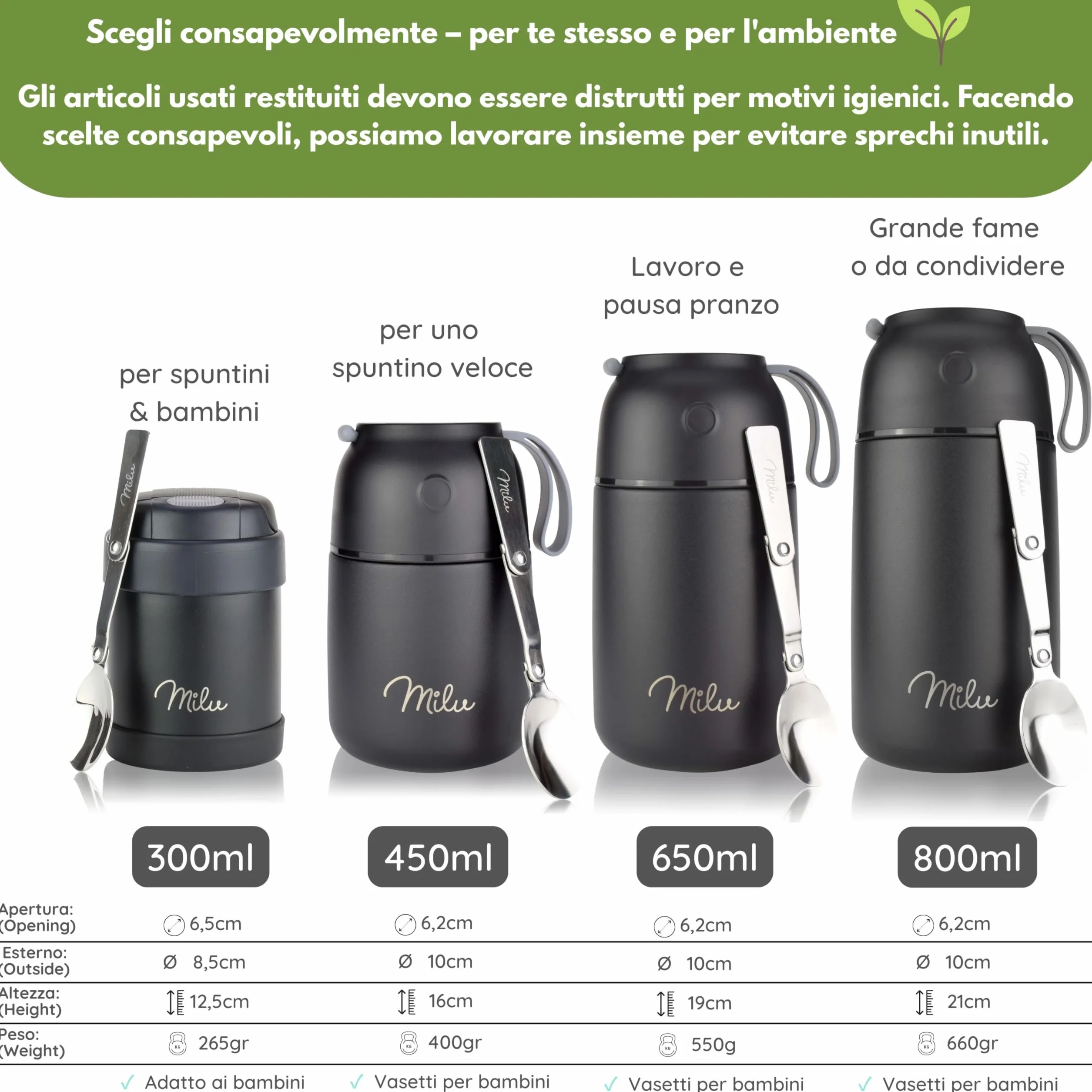 Milu Thermo per Alimenti 450 ml Contenitore Termico Acciaio Inossidabile Isotermico Sottovuoto Cibi Caldi Freddi Verde Blu