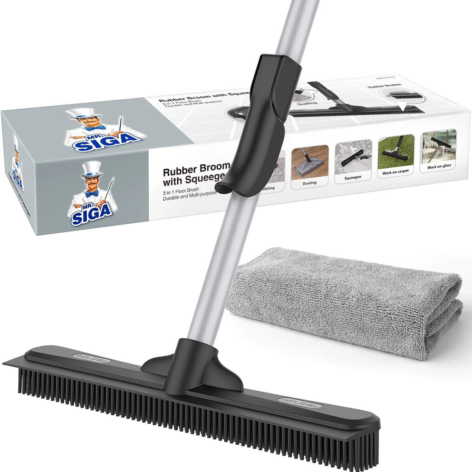 MR.SIGA Scopa in Gomma con Spatola 3 in 1 per Peli di Animali, Spazzola per Tappeti, Manico Regolabile 155 cm, Panno in Microfibra