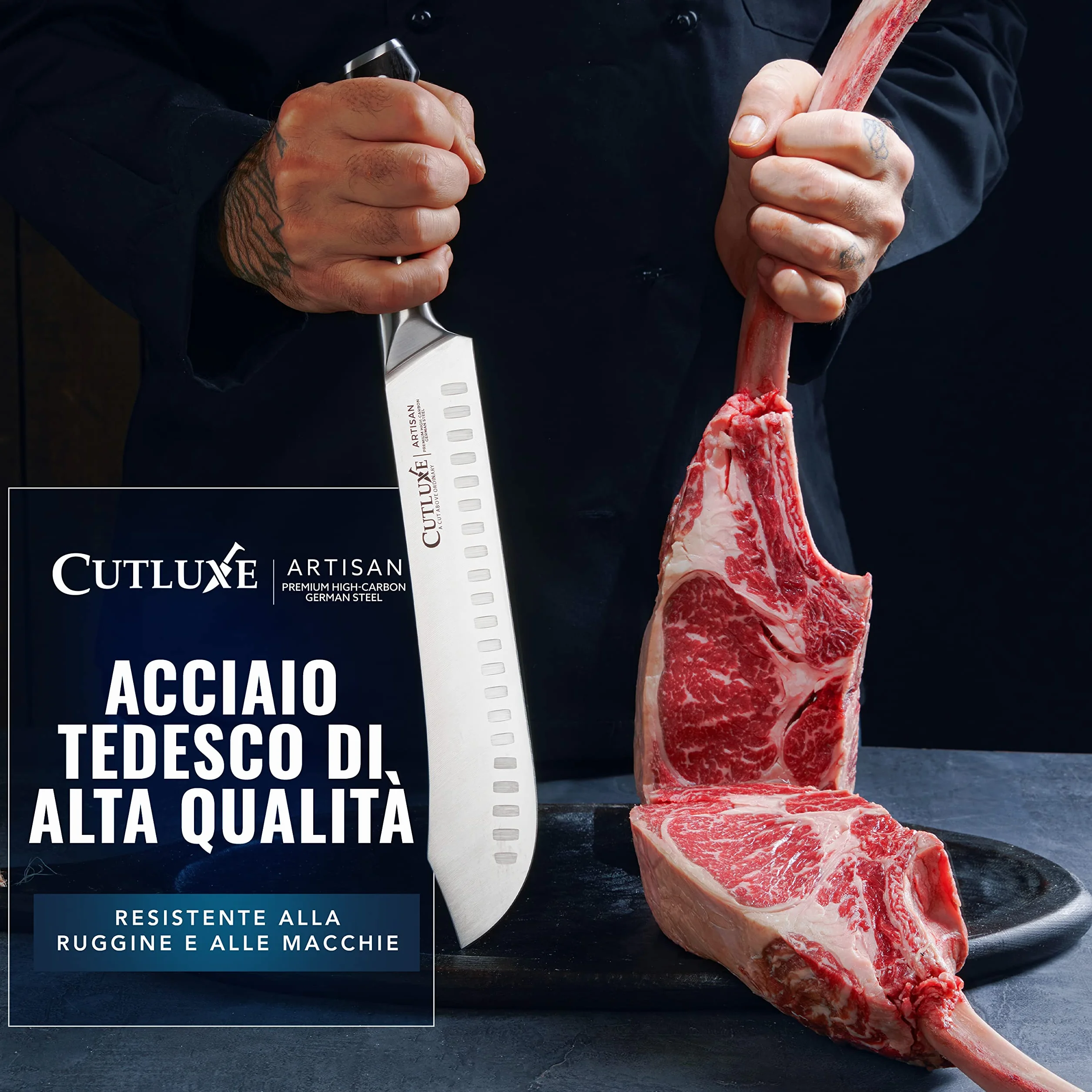 Cutluxe Coltello da Macellaio 25cm, Coltello Bull Nose, Acciaio al Carbonio, Lama Affilata e Resistente, Artisan Series