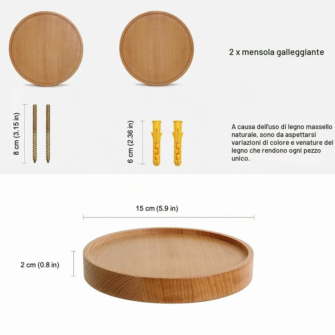 Scaffali da Parete Rotondi Galleggianti Decorazione Pannelli Legno Design Moderno Confezione da 2 Ø15 cm