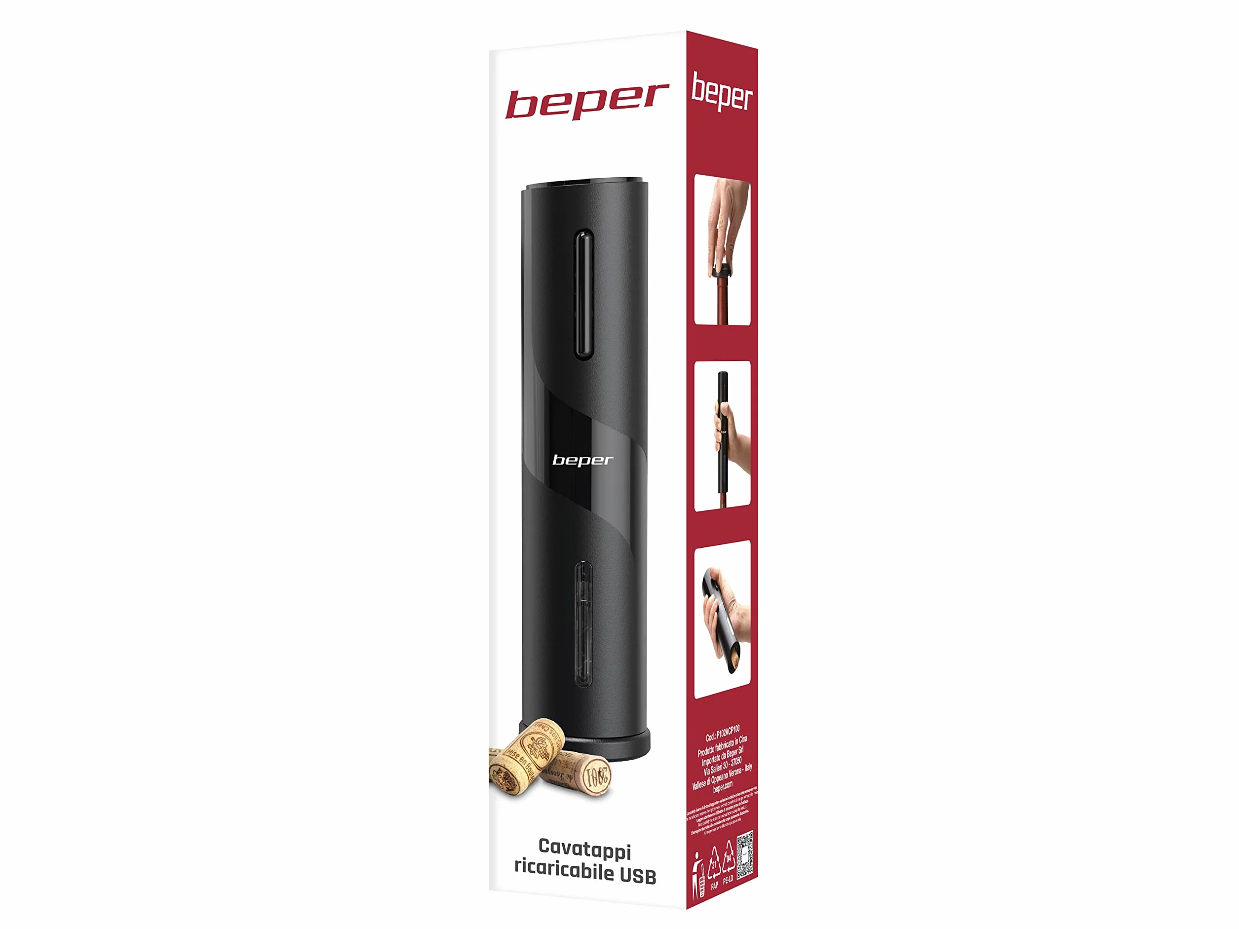 BEPER P102ACP100 Cavatappi Elettrico Ricaricabile con Taglia Capsule e Cavo USB