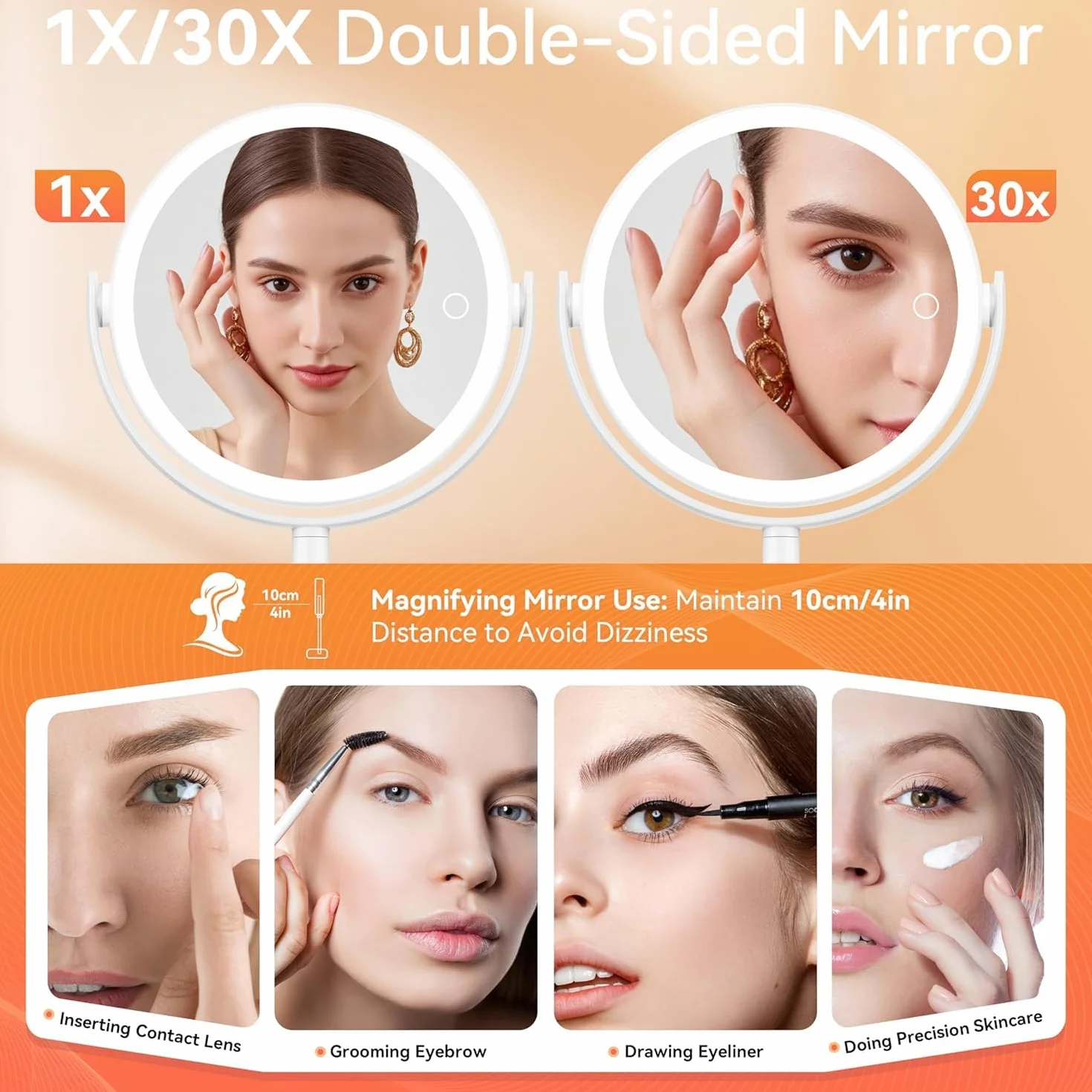 Auxmir Specchio Trucco con Luci 30X/1X Bifacciale, Specchio Ingranditore 8", Specchio da Tavolo Ricaricabile 2000mAh, 3 Colori di Luci 64 LED Rotazione a 360° Smontabile per Camera da Letto, Viaggio
