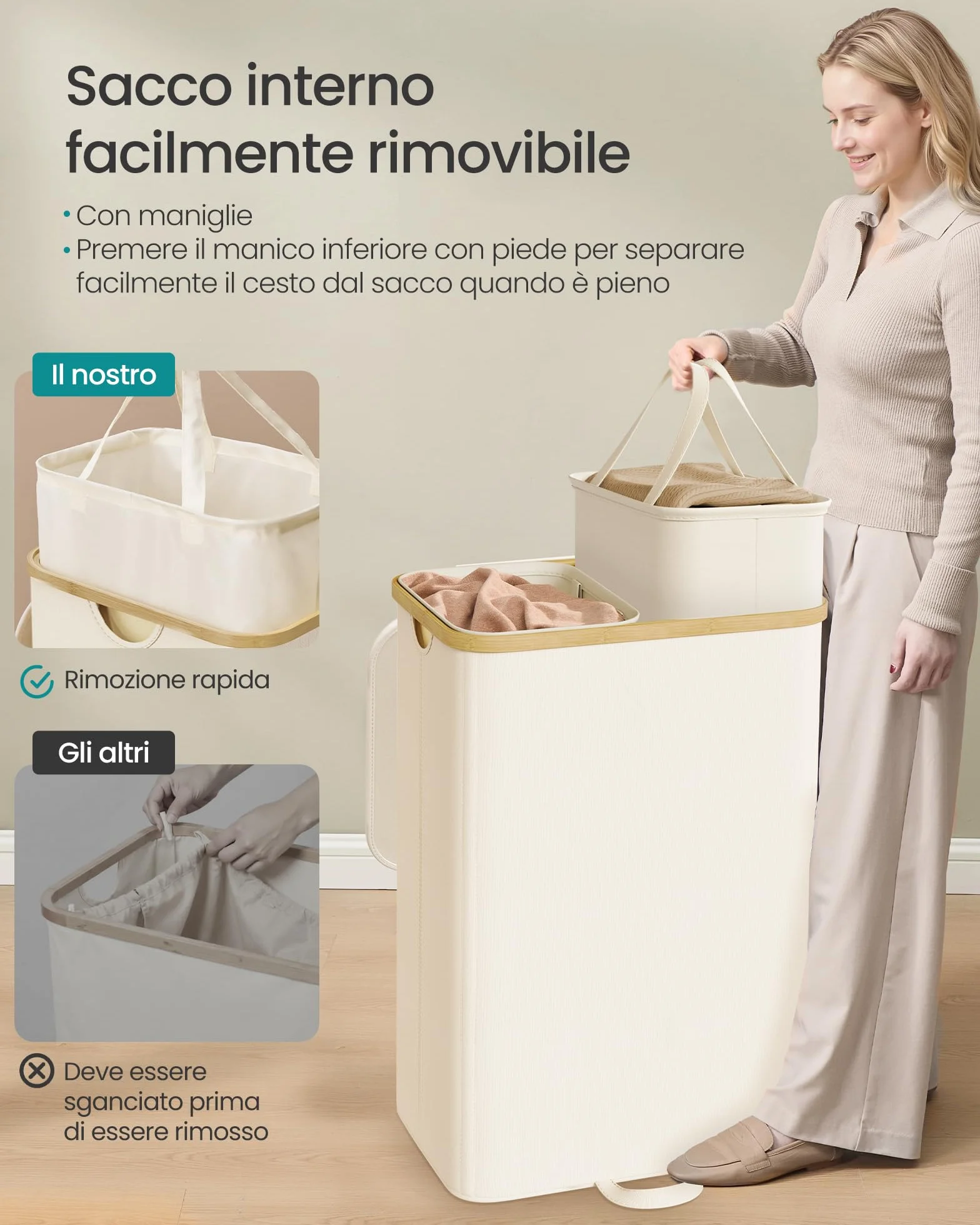 SONGMICS Cesto Portabiancheria con Coperchio, 2 Scomparti, 150 L, Bianco Crema LCB532WD01