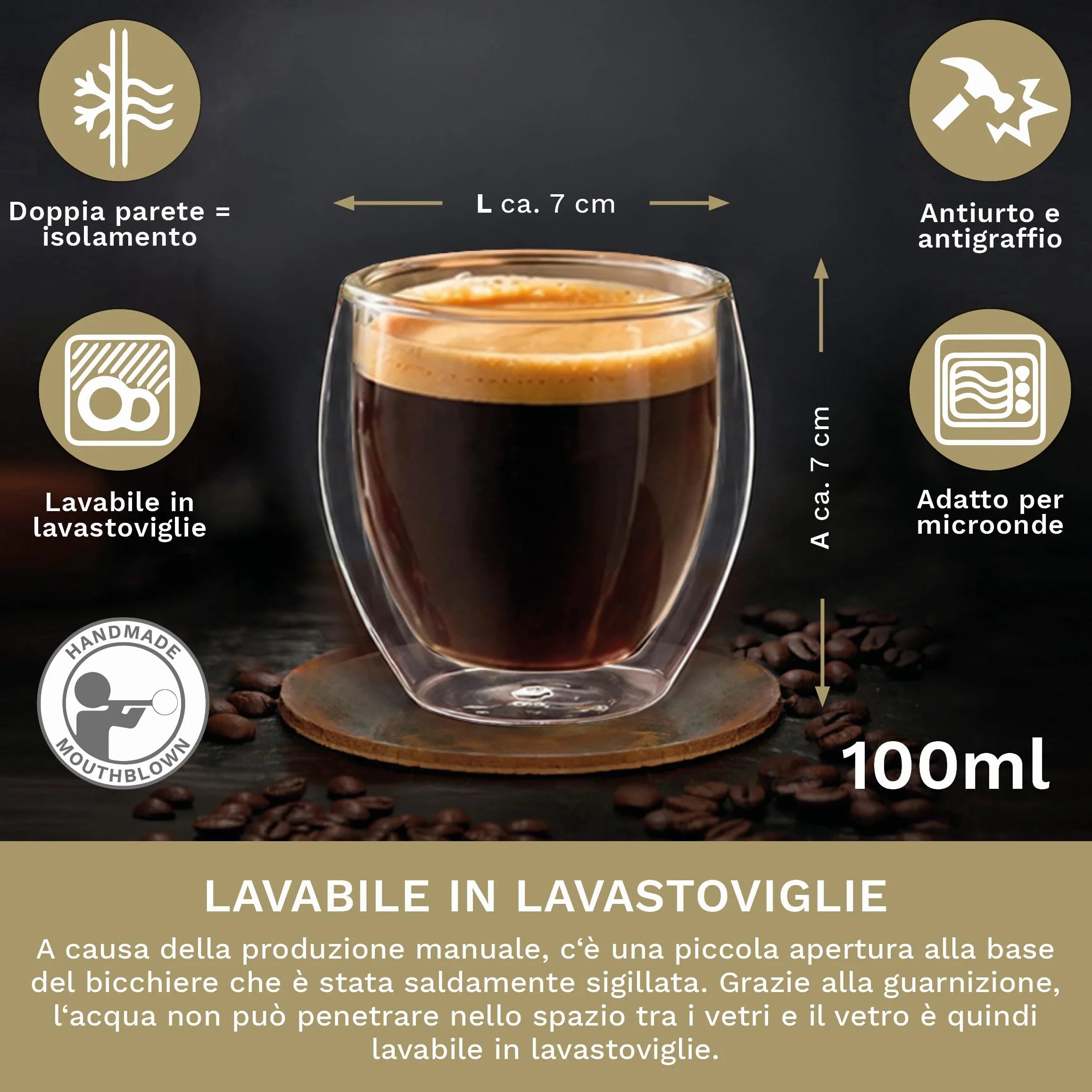 Set 6 Tazze Espresso 100ml Doppia Parete Vetro Borosilicato Effetto Galleggiante Bicchieri Termici Isolanti Regalo Premium