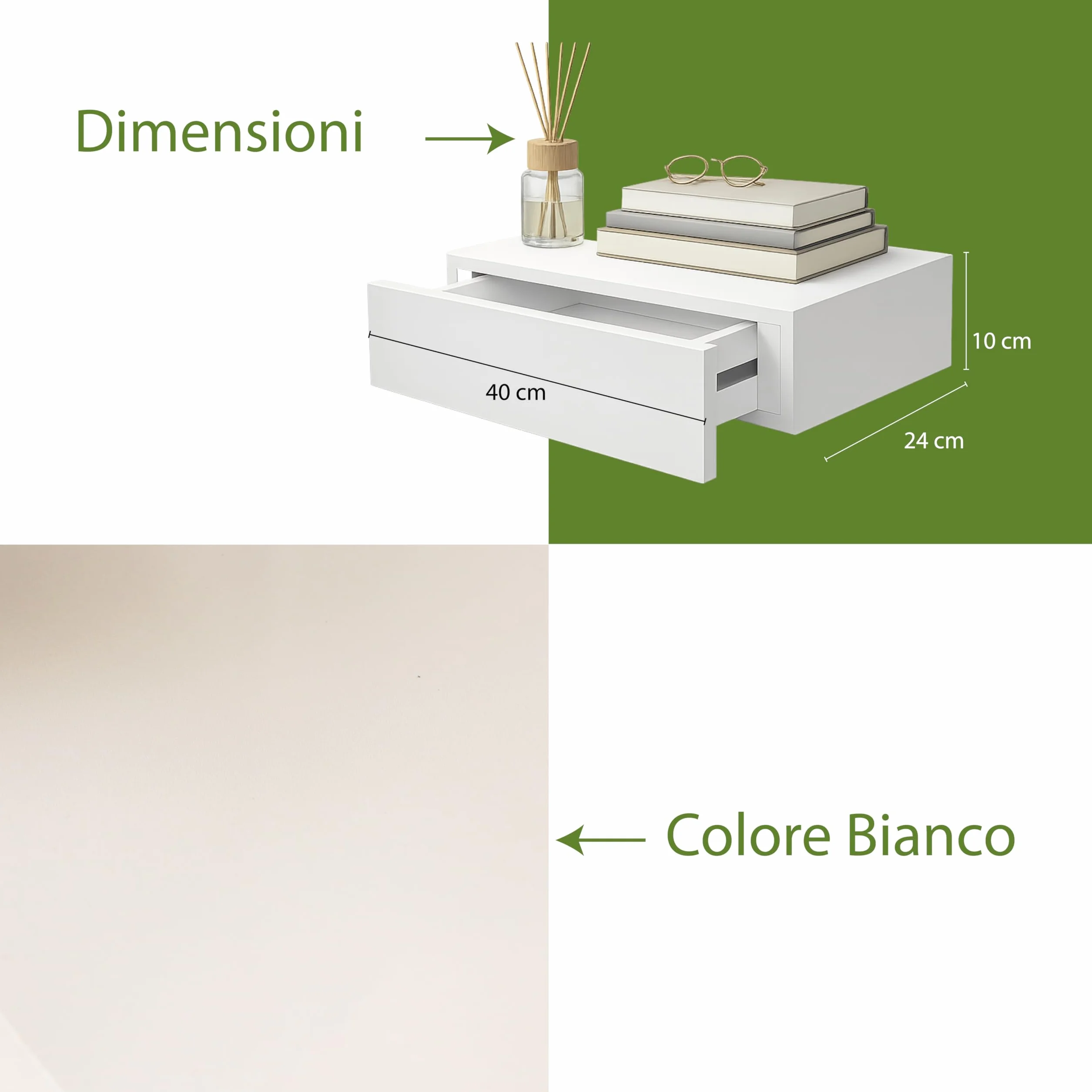 Mensola a Parete con Cassetto Integrato Legno 40x24x10h cm Bianco Salvaspazio 5Kg