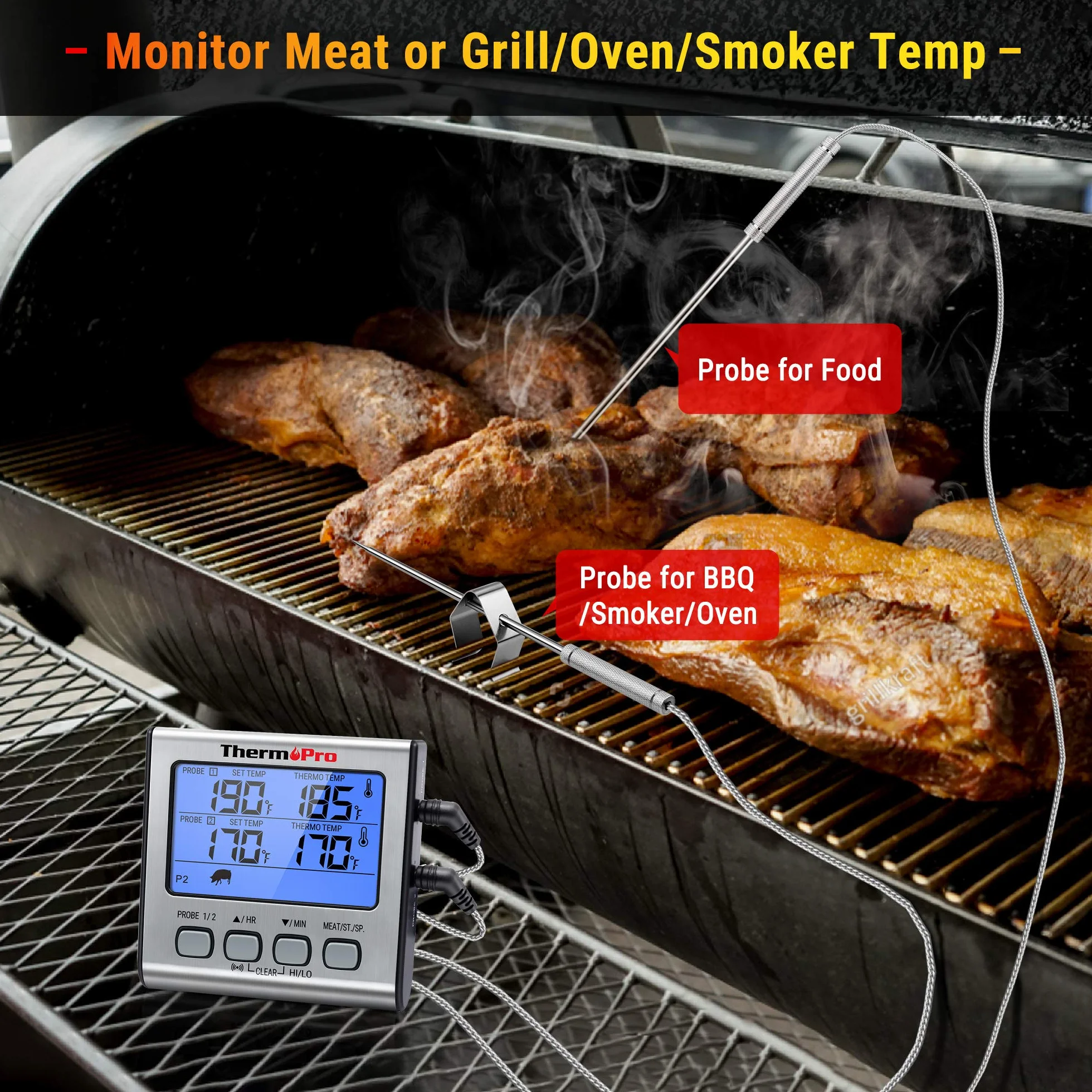 ThermoPro TP17 Termometro Cucina Digitale a Doppia Sonda con Timer LCD per BBQ Carne Forno Griglia