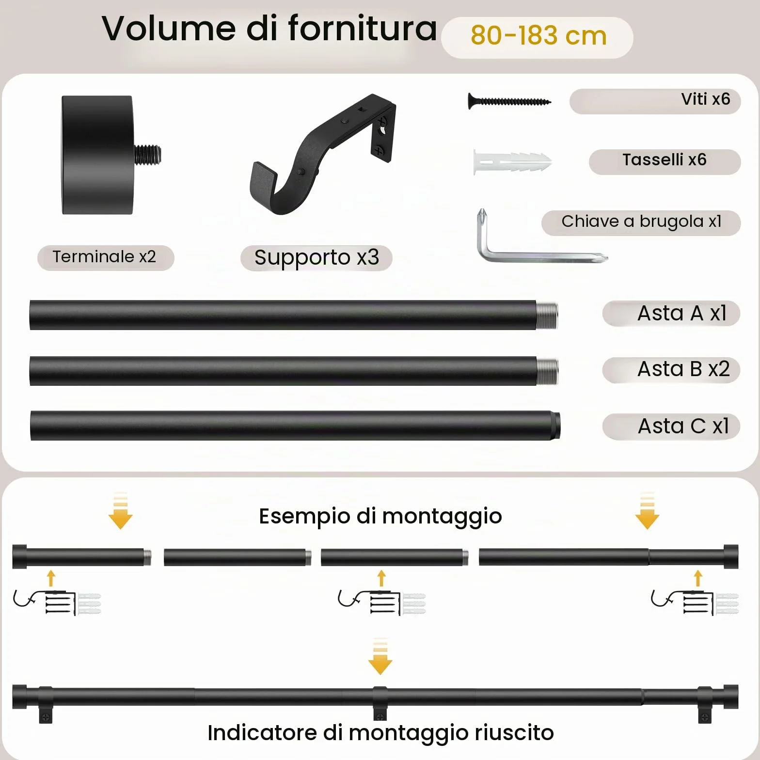 Bastone per Tende Nero, 80-183 cm Regolabile, Asta Estensibile con Terminali a Cilindro e Staffe