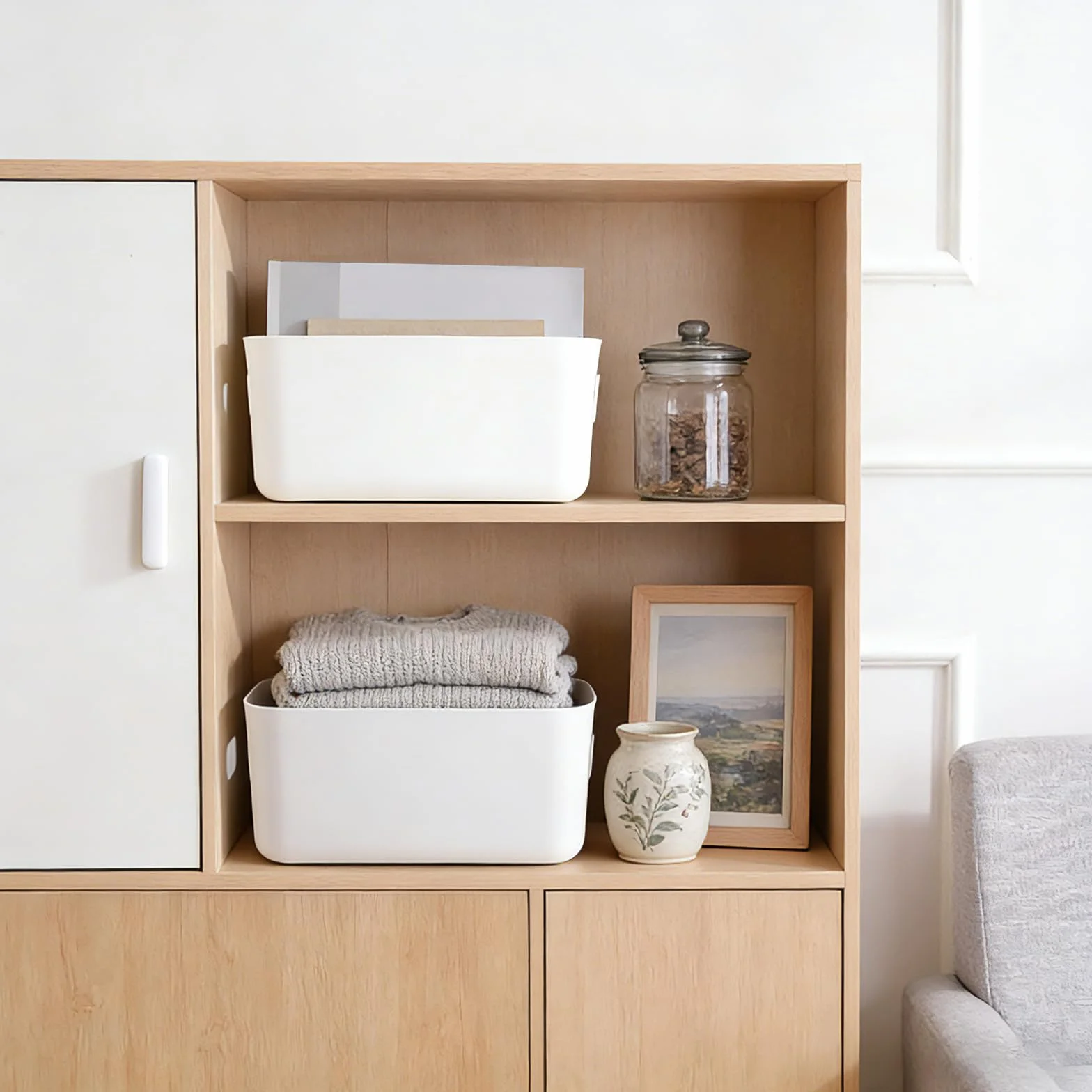 Cestini Portaoggetti Plastica Bianco 30x20x12 cm Scatola Portaoggetti con Manici Box Conservazione Organizer Desktop
