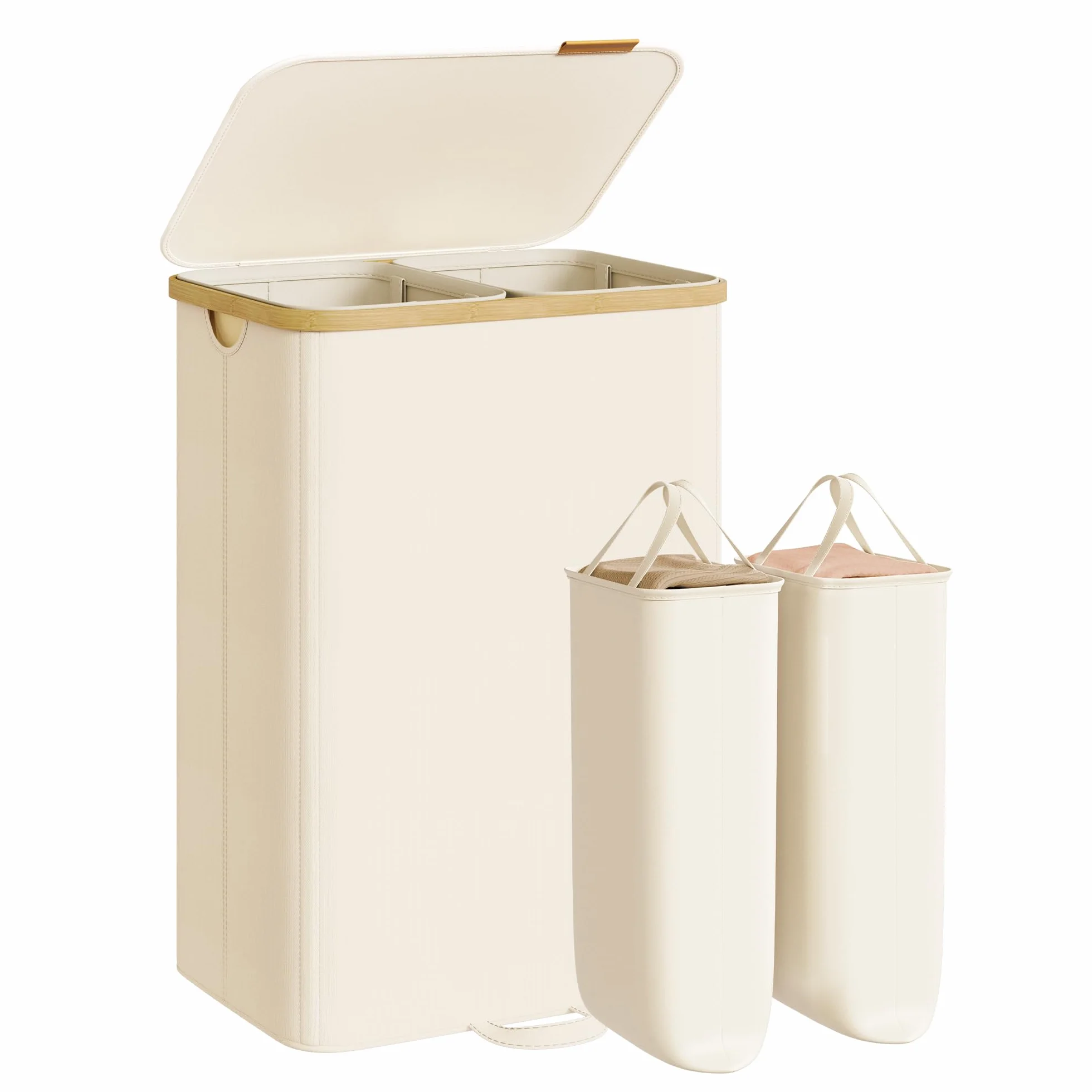 SONGMICS Cesto Portabiancheria con Coperchio, 2 Scomparti, 150 L, Bianco Crema LCB532WD01