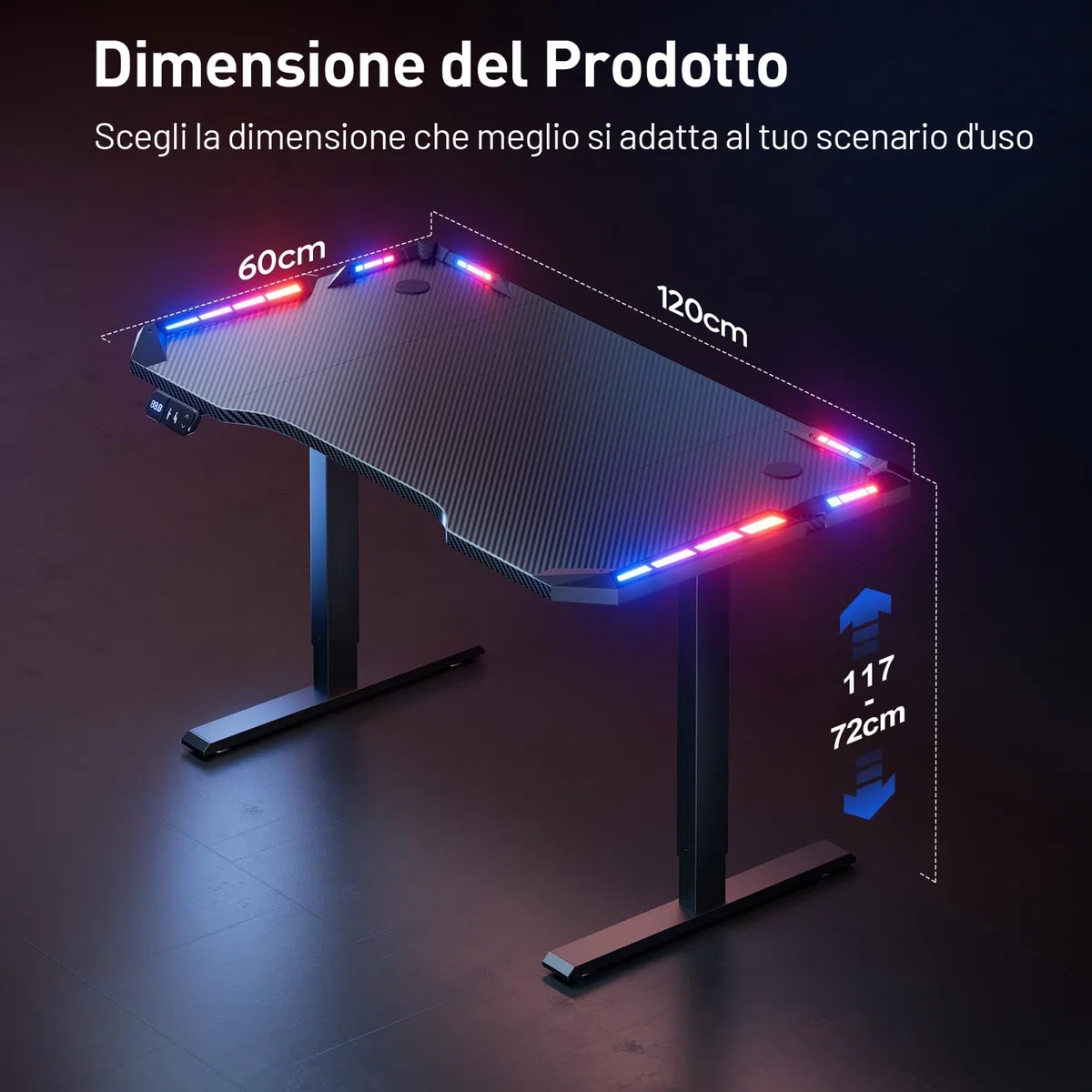 HLFURNIEU Scrivania Gaming LED 120 x 60 cm, Scrivania Regolabile in Altezza, con 2 Controlli Memoria, Altezza Aegolabile, Superficie in Fibra di Carbonio, Facile da Montare, Nero