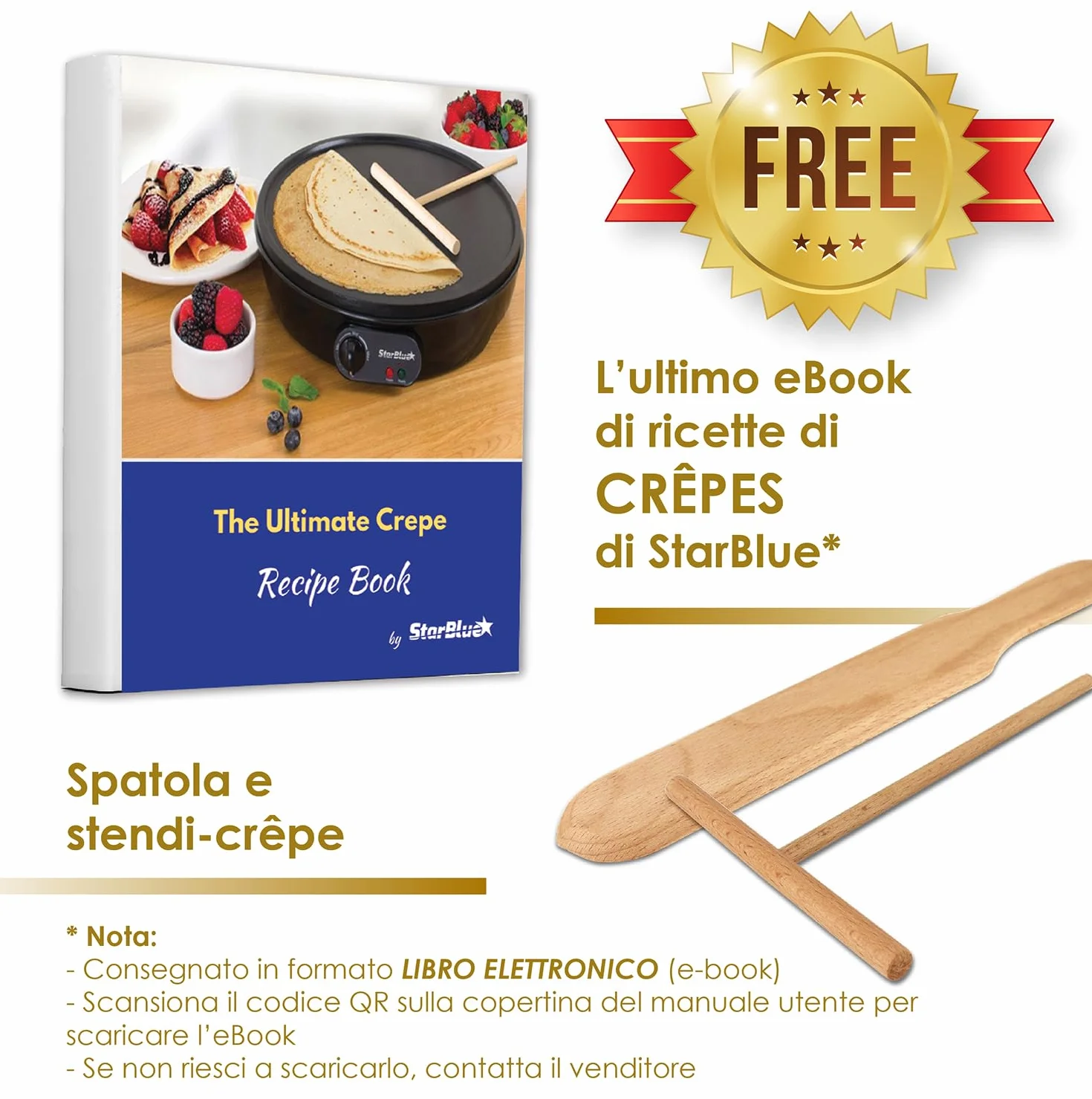 Macchinetta per Crepe Elettrica 30.5cm 1000W StarBlue con Spatola di Legno 220-240V