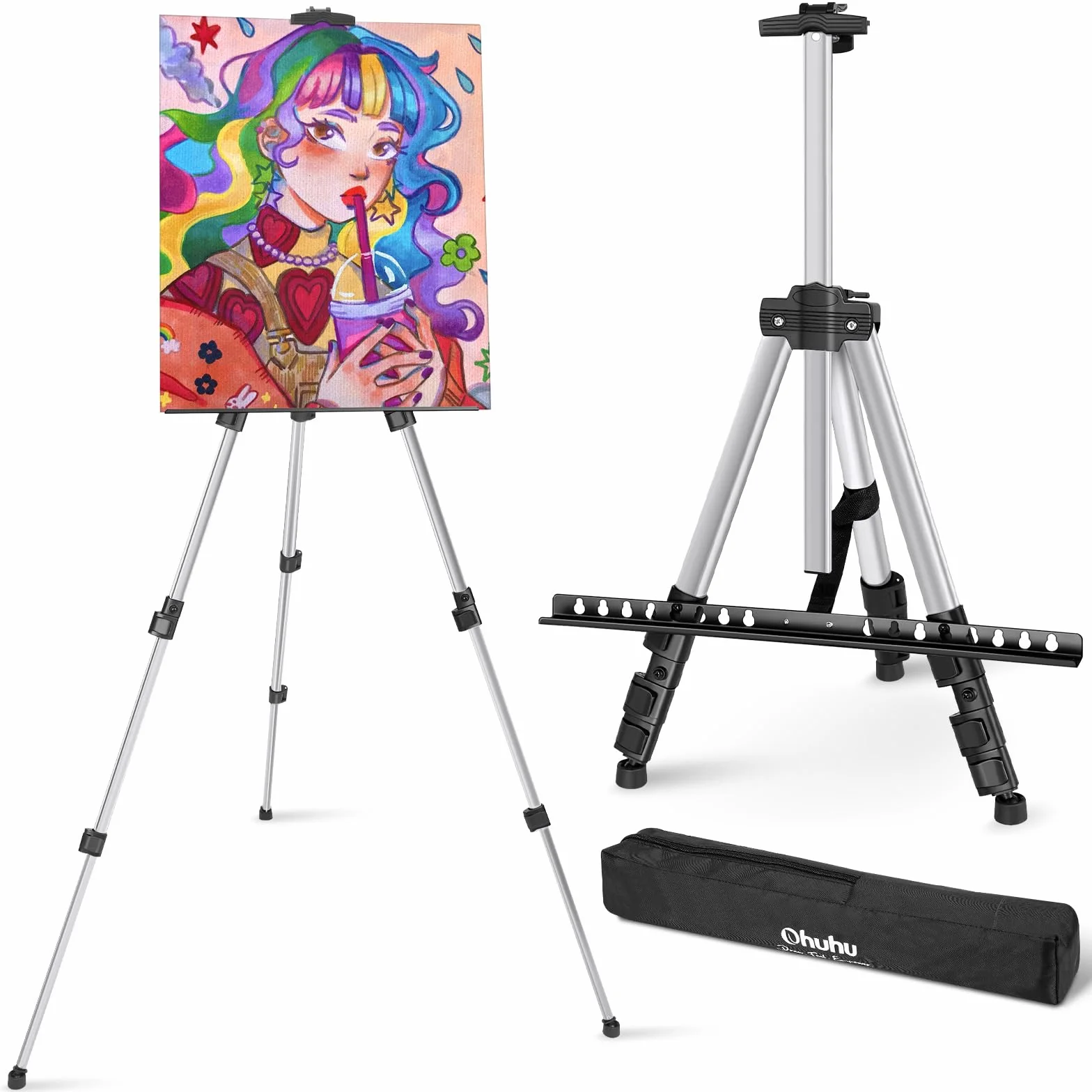 Ohuhu Cavalletto Pittura in Alluminio 43-168 cm Regolabile da Tavolo/Pavimento con Borsa Portatile Argento