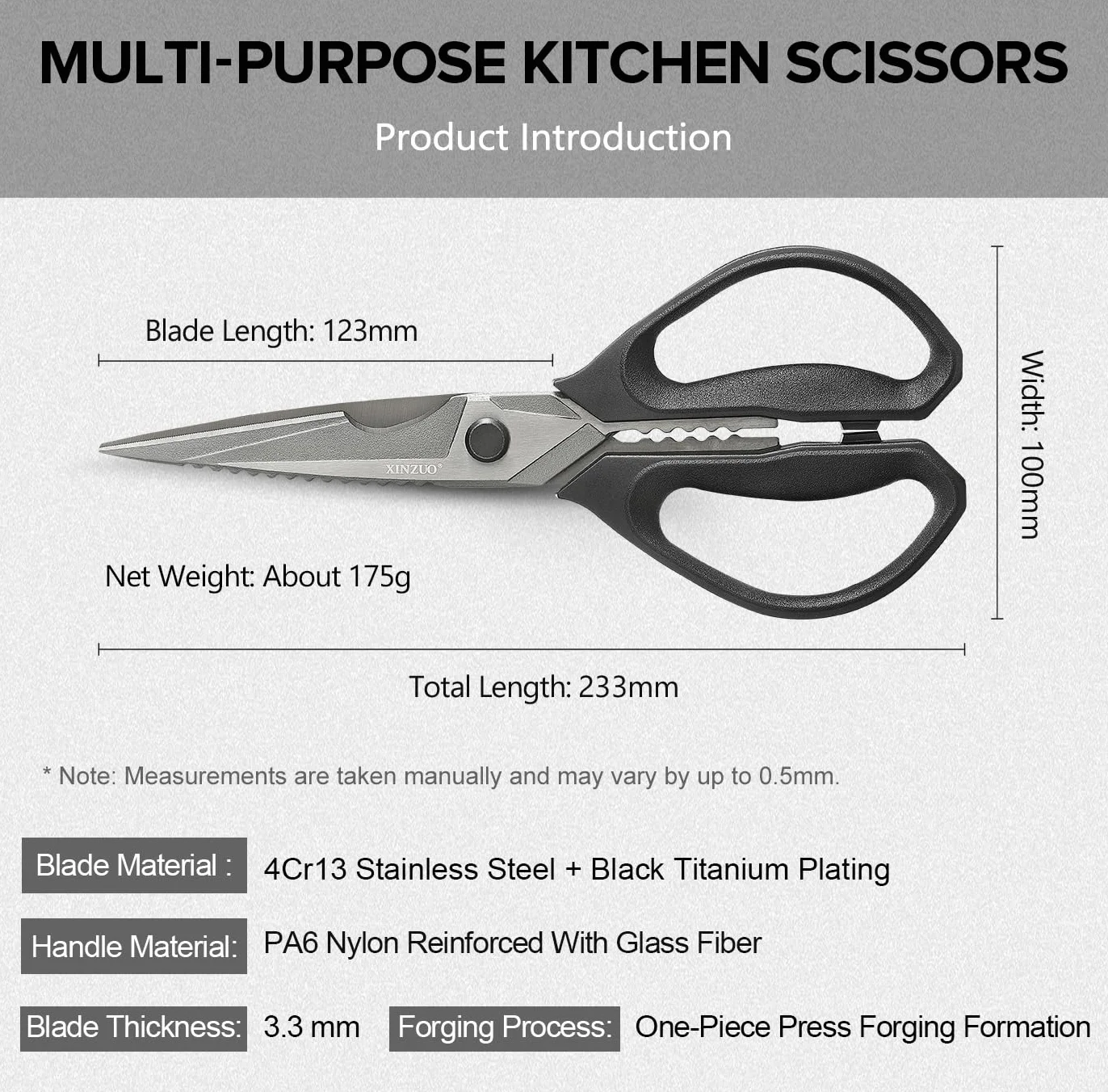 XINZUO Forbici da Cucina Professionali Acciaio Inox Rivestite in Titanio Nero Manico Antiscivolo
