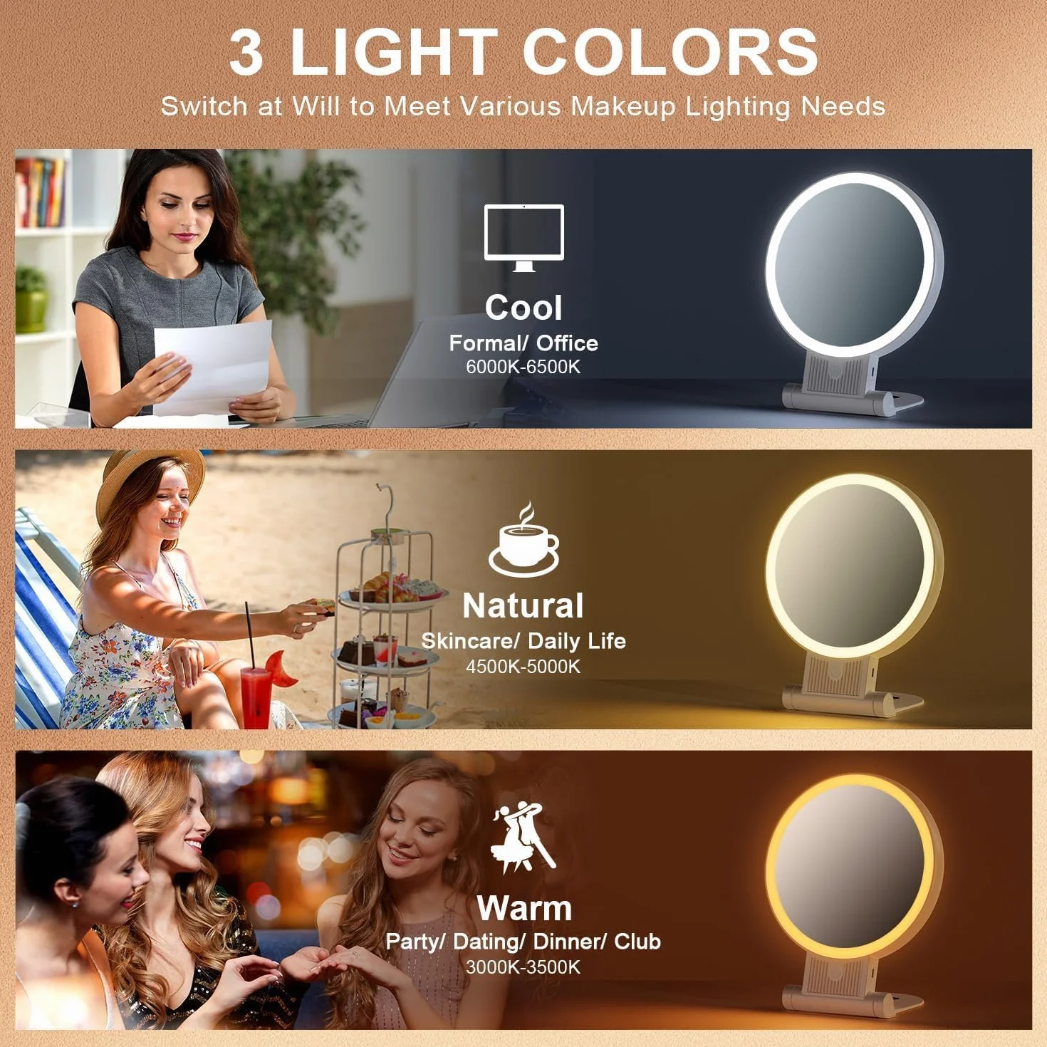 Auxmir Specchio Trucco con Luci LED, Specchio Ingranditore 30X/1X a Doppio Lato, Luminosità Regolabile a 3 Colori, Specchio da Tavolo Pieghevole con Foro per Appendere, Ricaricabile e Portatile