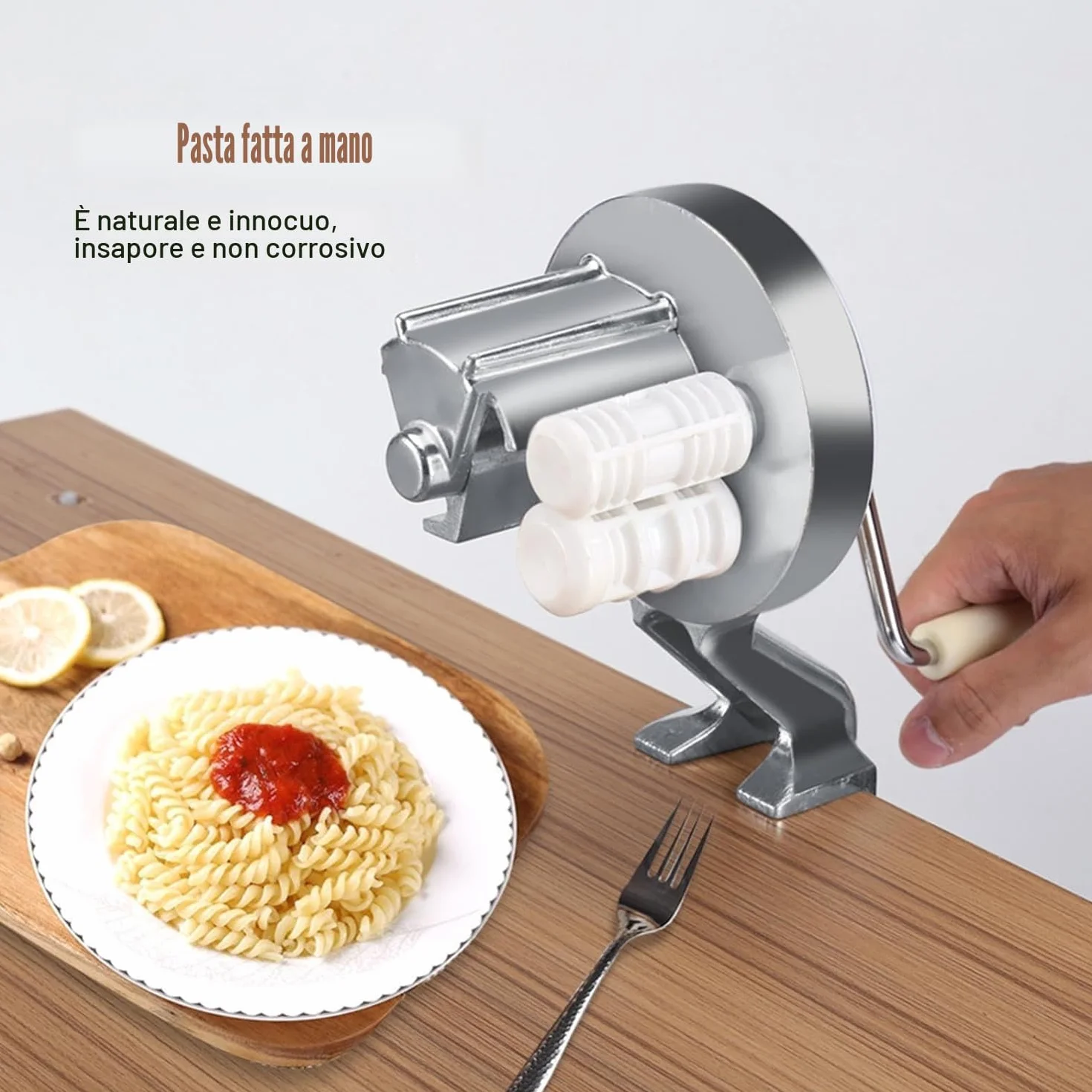 Macchina per pasta in acciaio inox con rulli per maccheroni, fettucini, gnocchi, orecchiette