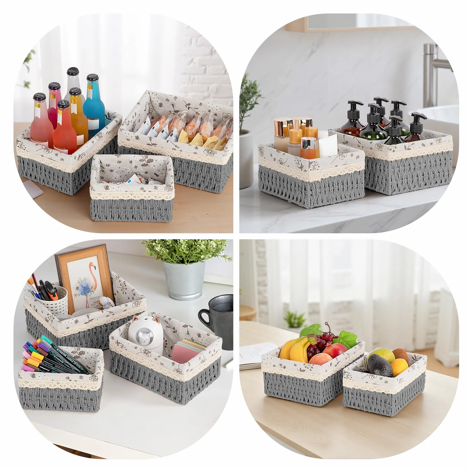 Cestini Portaoggetti Set di 3 Cesto Porta Giocattoli Cestino da Bagno Vimini Grigio