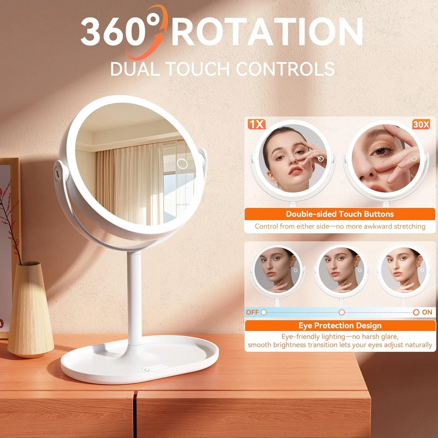 Auxmir Specchio Trucco con Luci 30X/1X Bifacciale, Specchio Ingranditore 8", Specchio da Tavolo Ricaricabile 2000mAh, 3 Colori di Luci 64 LED Rotazione a 360° Smontabile per Camera da Letto, Viaggio