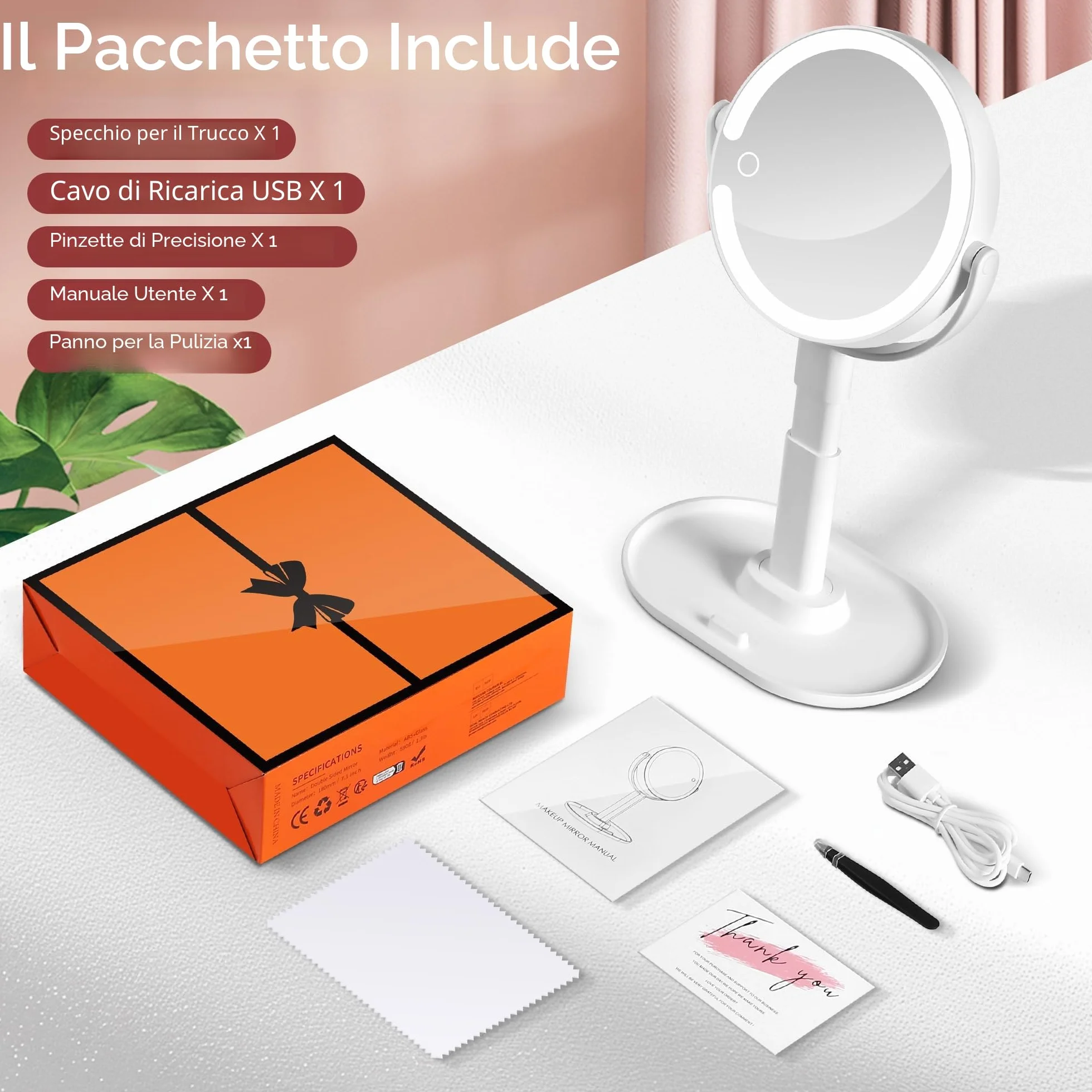 B Beauty Planet Specchio da Trucco Illuminato 30 X con 3 Luci di Colore, LED Dimmerabile e Regolabile in Altezza – Specchio Cosmetico 2 Lati per Bagno – Regalo per Donne Bianco