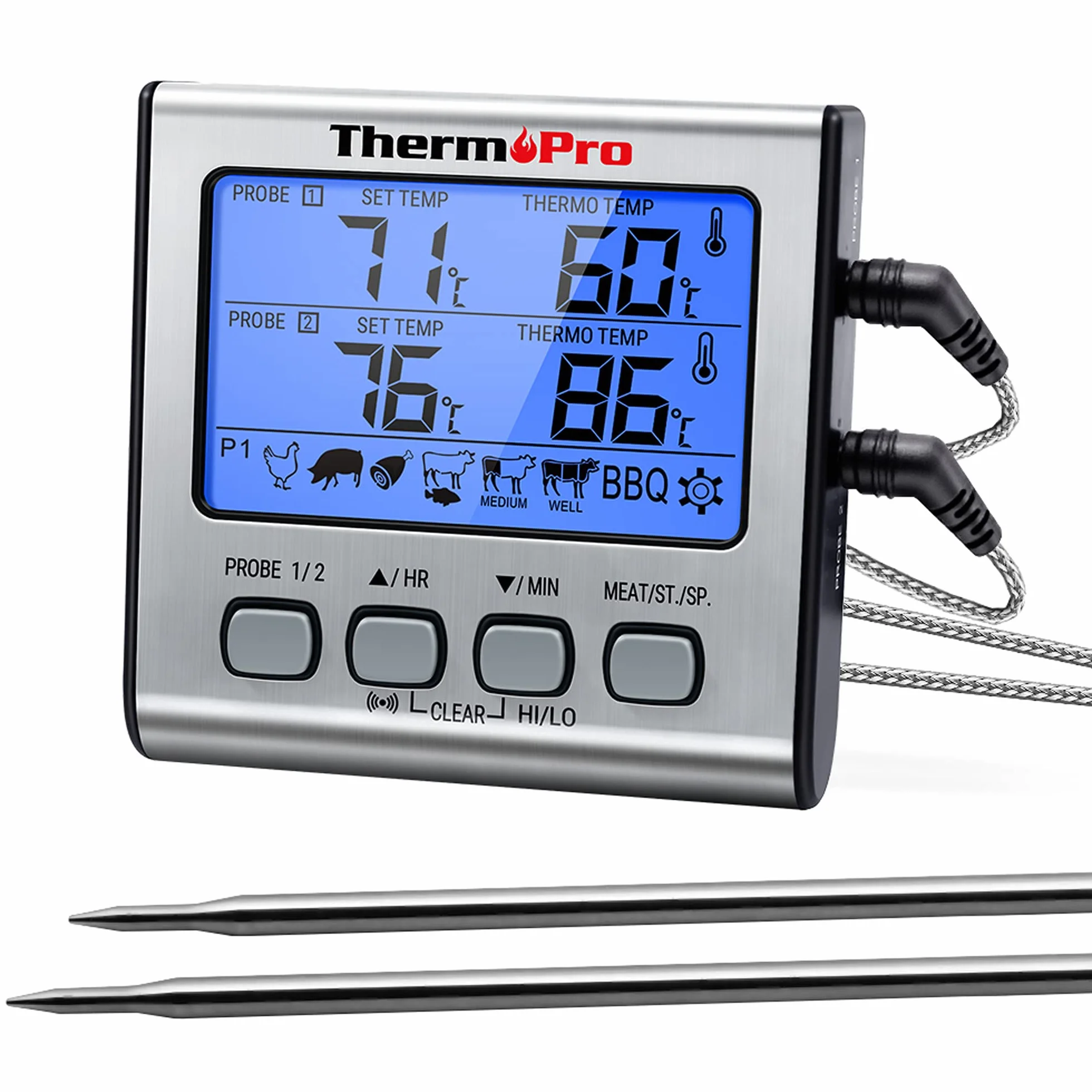 ThermoPro TP17 Termometro Cucina Digitale a Doppia Sonda con Timer LCD per BBQ Carne Forno Griglia