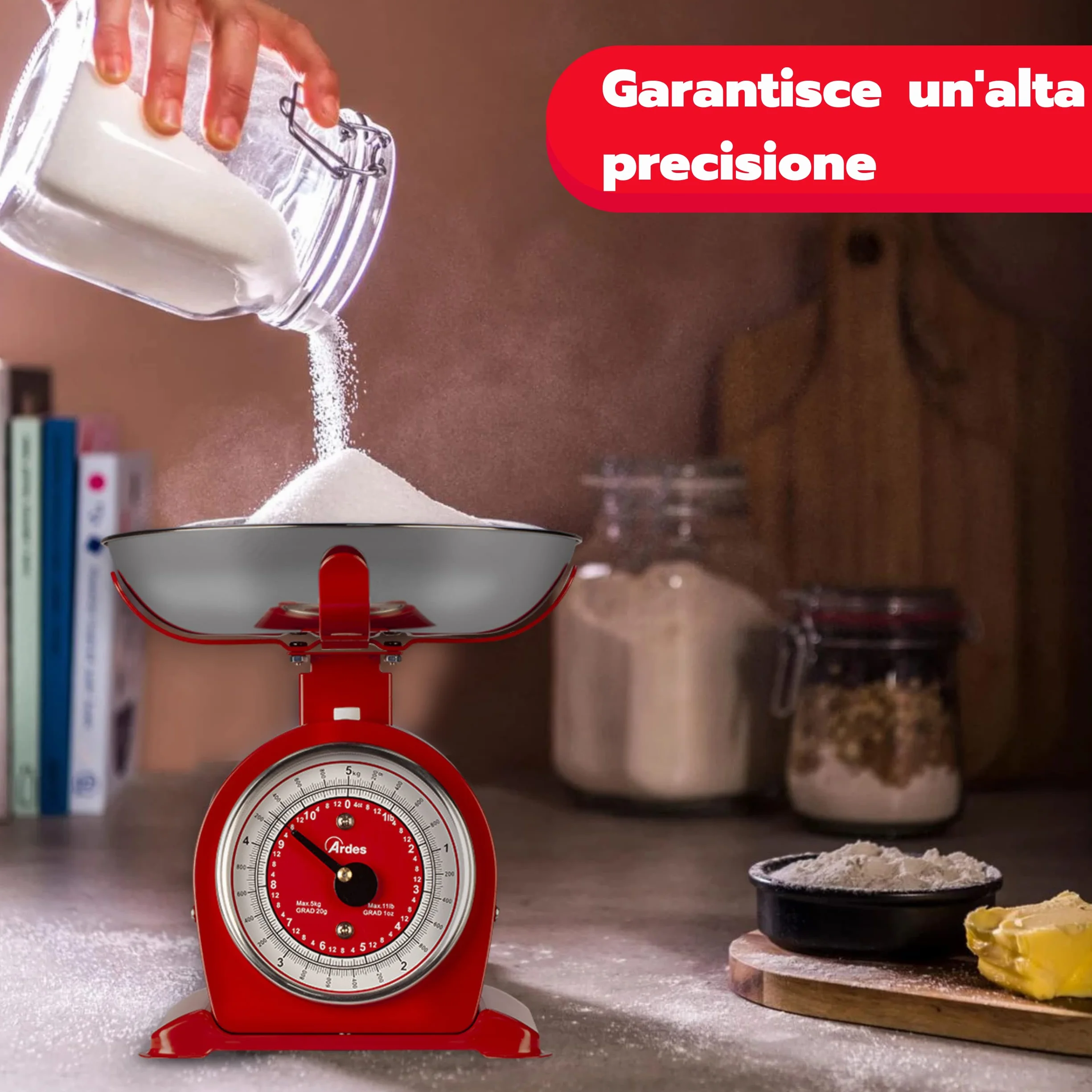 Ardes AR1PA3M Bascula Bilancia da Cucina Meccanica Vintage Style, Ciotola Removibile Acciaio Inox, 5 kg, Rossa