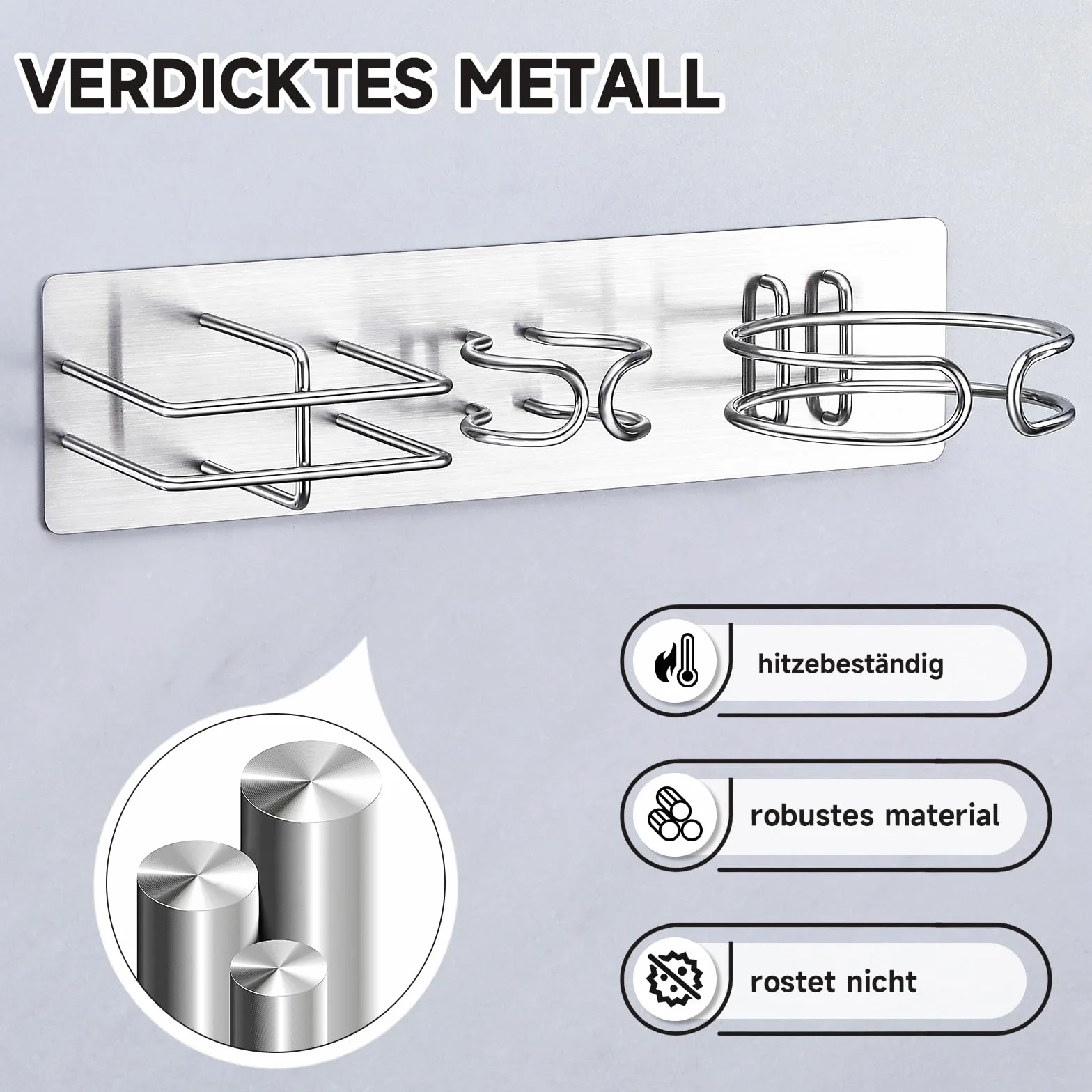 YYBO Porta Phon da Muro, 3 in 1 Supporto per Asciugacapelli, Piastra Capelli, Ferro Arricciacapelli, Metallo Porta Asciugacapelli e Piastra Adesivo (Argento)