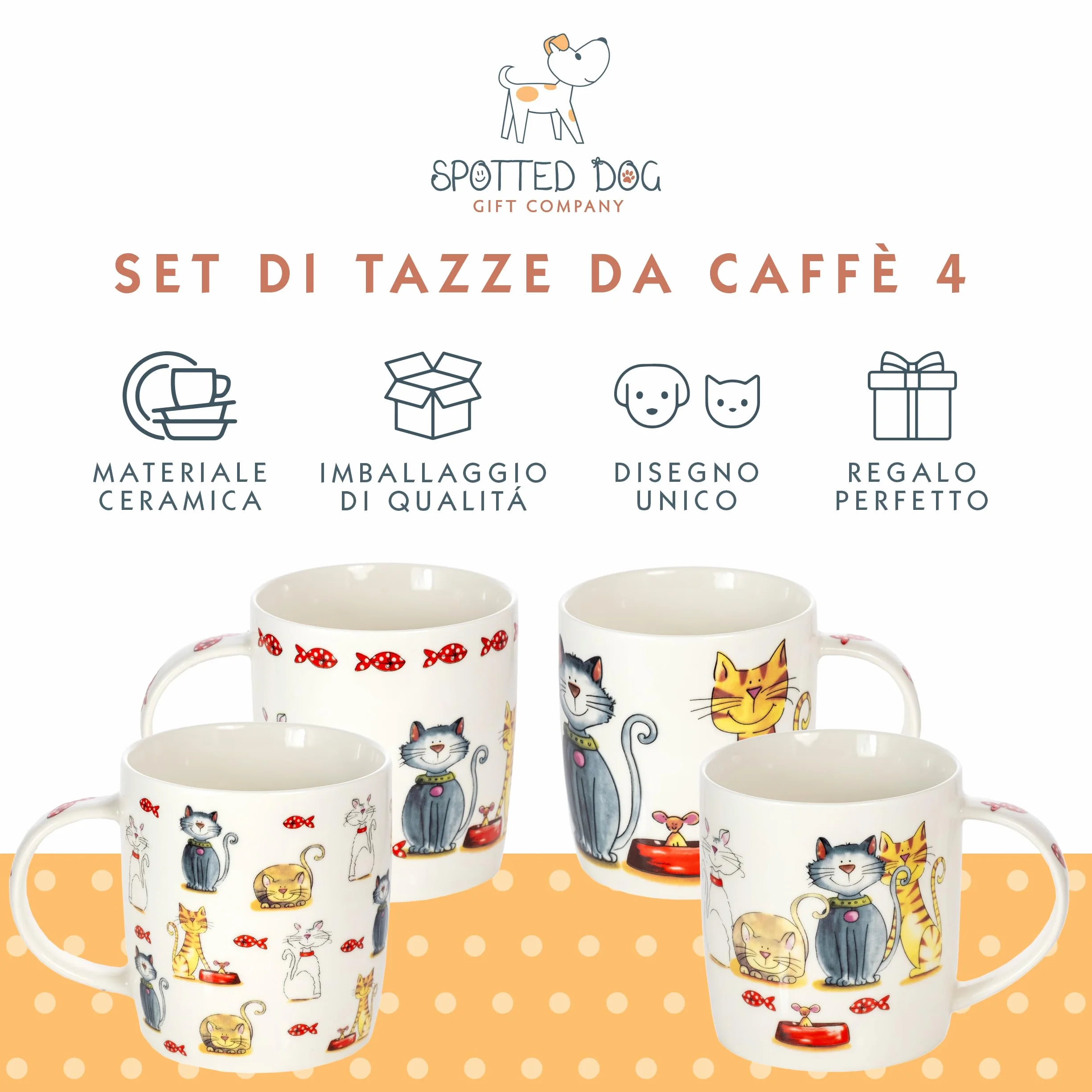 Set di 4 Tazze Gatto da Caffè in Ceramica 350 ml per Caffè e Tè, Regalo per Gattara
