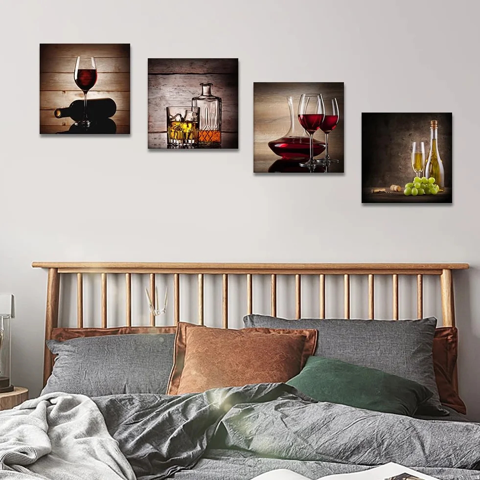 Artscope 4 parti Stampa su tela - Bicchiere da vino rosso, decorazione da parete per camera da letto, dipinti ad olio per casa, bagno, soggiorno, 30 x 30