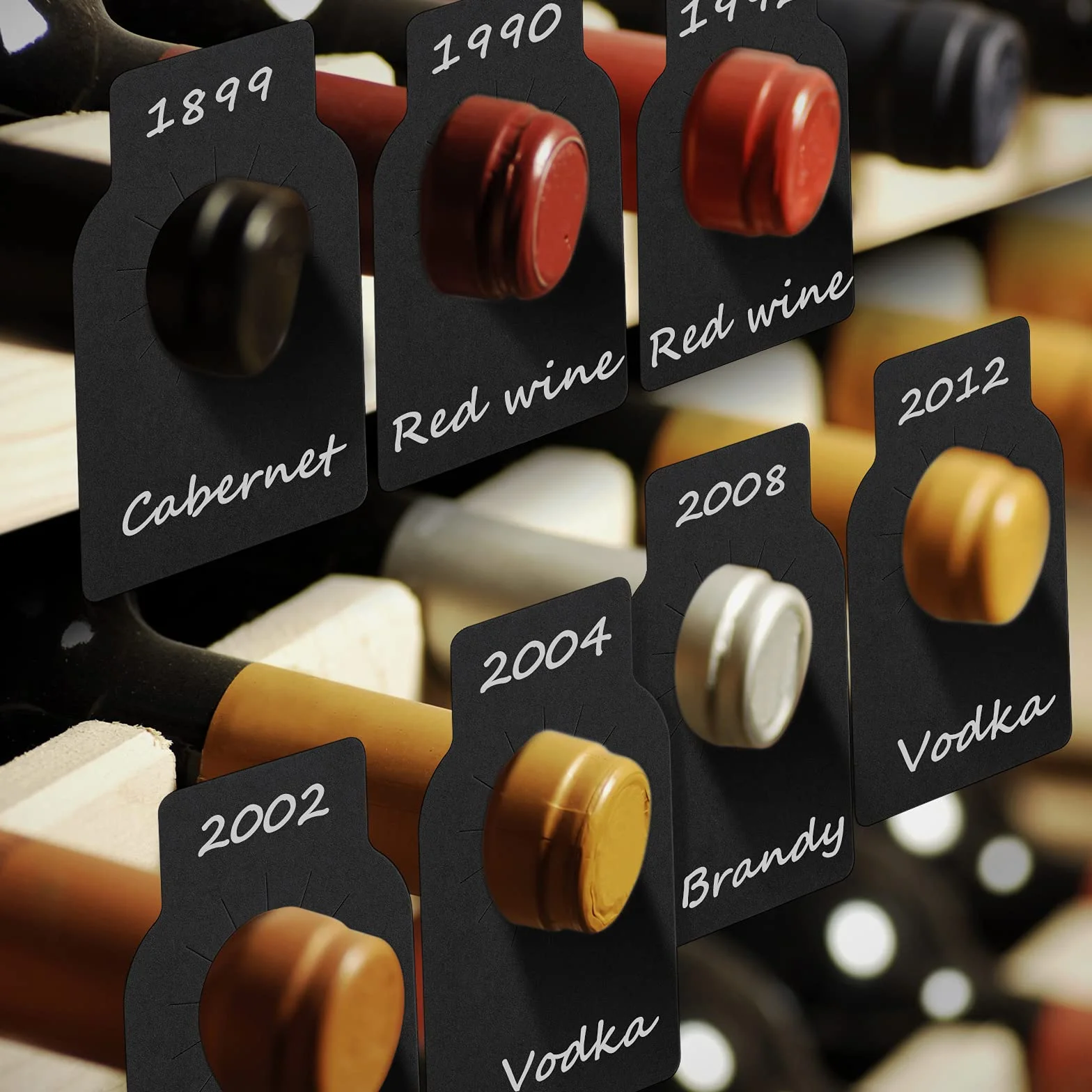 200 etichette in carta per bottiglie di vino, etichette riutilizzabili per cantine, etichette su entrambi i lati, etichette da appendere per bottiglie di vino (nero)