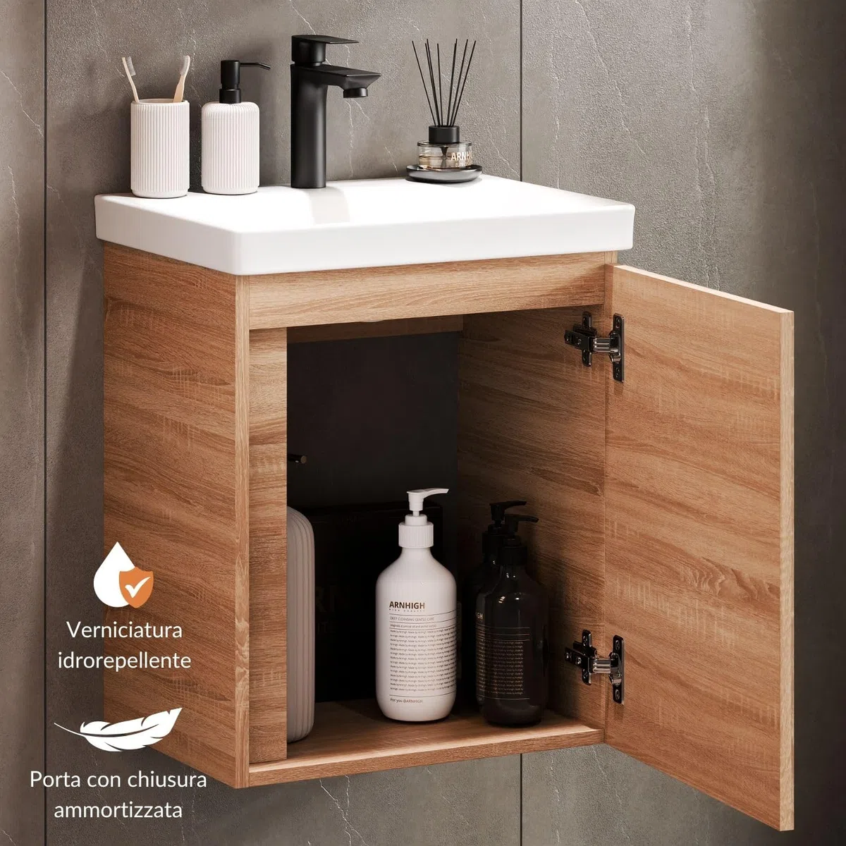 Planetmöbel Lavabo con mobile sottolavabo 50 cm incl. armadio a specchio 50 cm, set di mobili da bagno con lavabo, sospeso, rovere sonoma