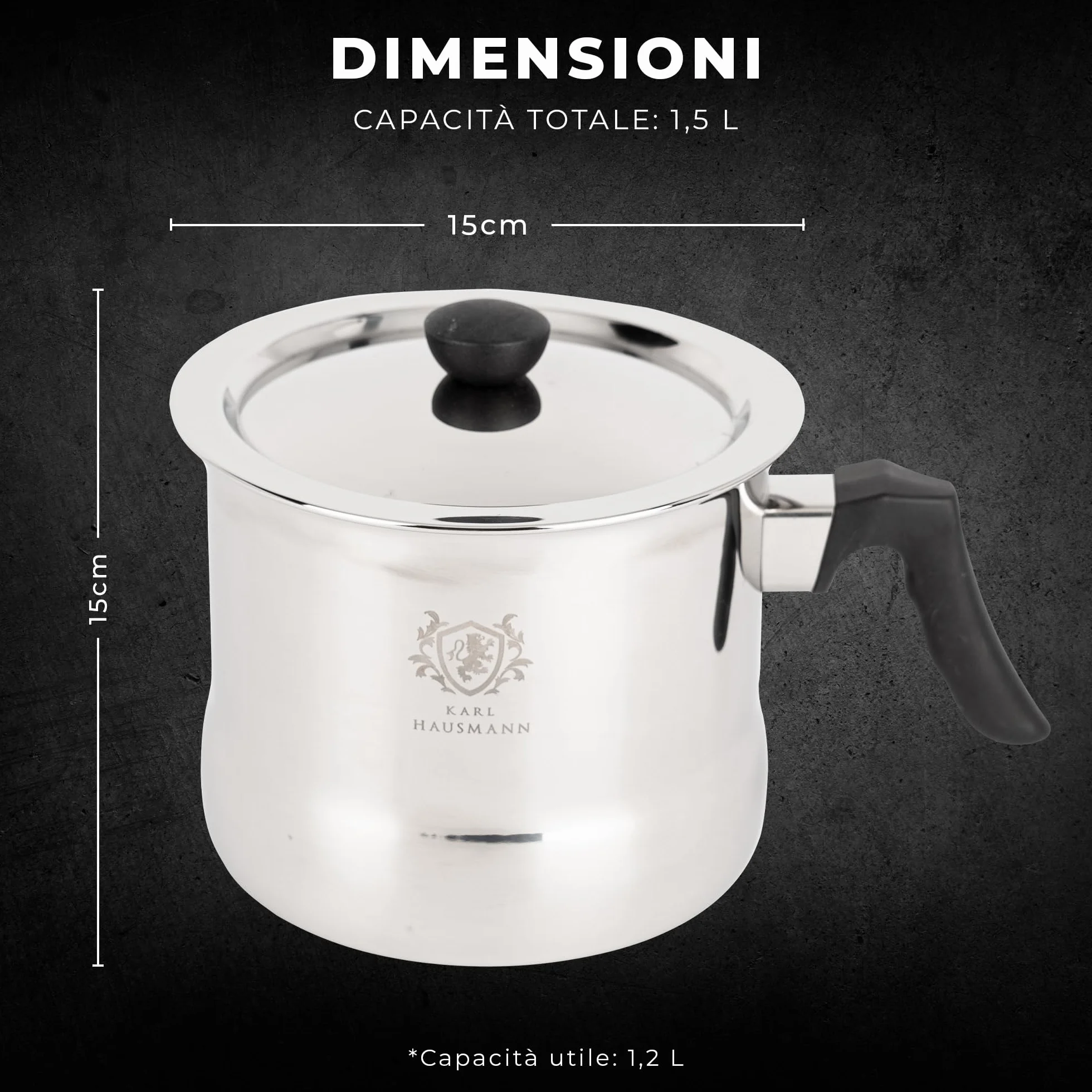KARL HAUSMANN Pentolino Latte 1,5L con Fischio, Coperchio e Scala Graduata - Bollilatte Acciaio Inox Doppia Parete, Bagnomaria, Antibruciatura, Induzione, Gas, Vetroceramica