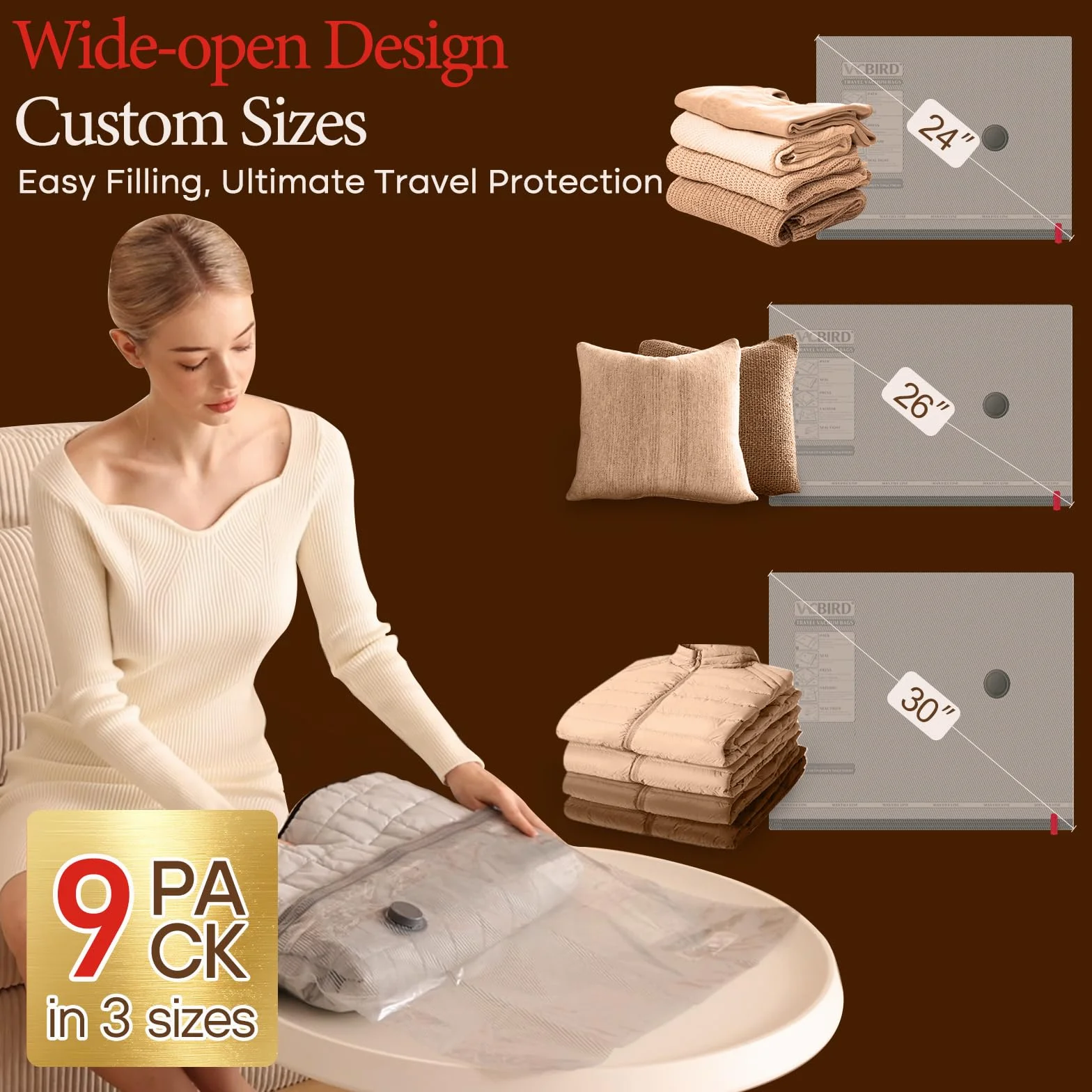 Sacchetti Sottovuoto Vestiti con Pompa Senza Fili 9 Pezzi Riutilizzabile Buste da Viaggio 40x50cm 40x60cm 50x60cm