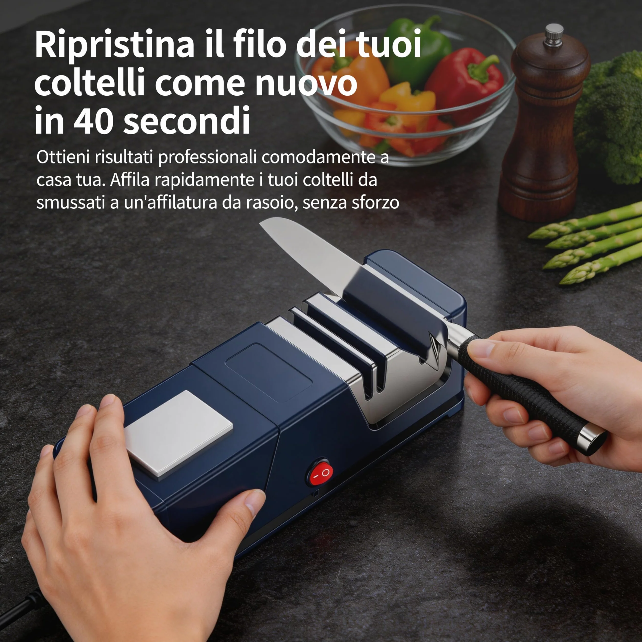Affilacoltelli elettrico 5 in 1, rivestimento in diamante, motore silenzioso, base antiscivolo