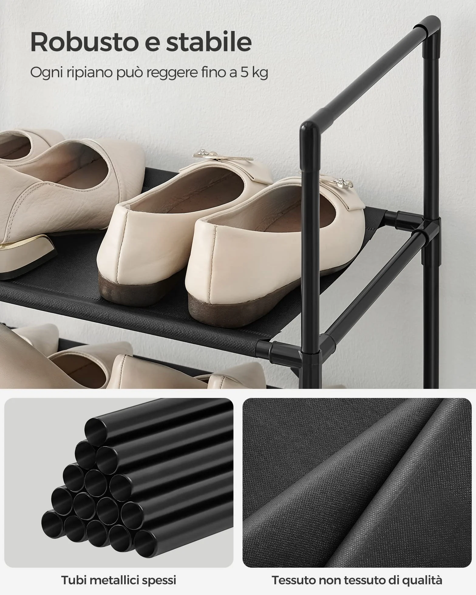 SONGMICS Scarpiera 10 Ripiani Scaffale Portascarpe 28 x 45 x 173 cm Telaio in Metallo Nero